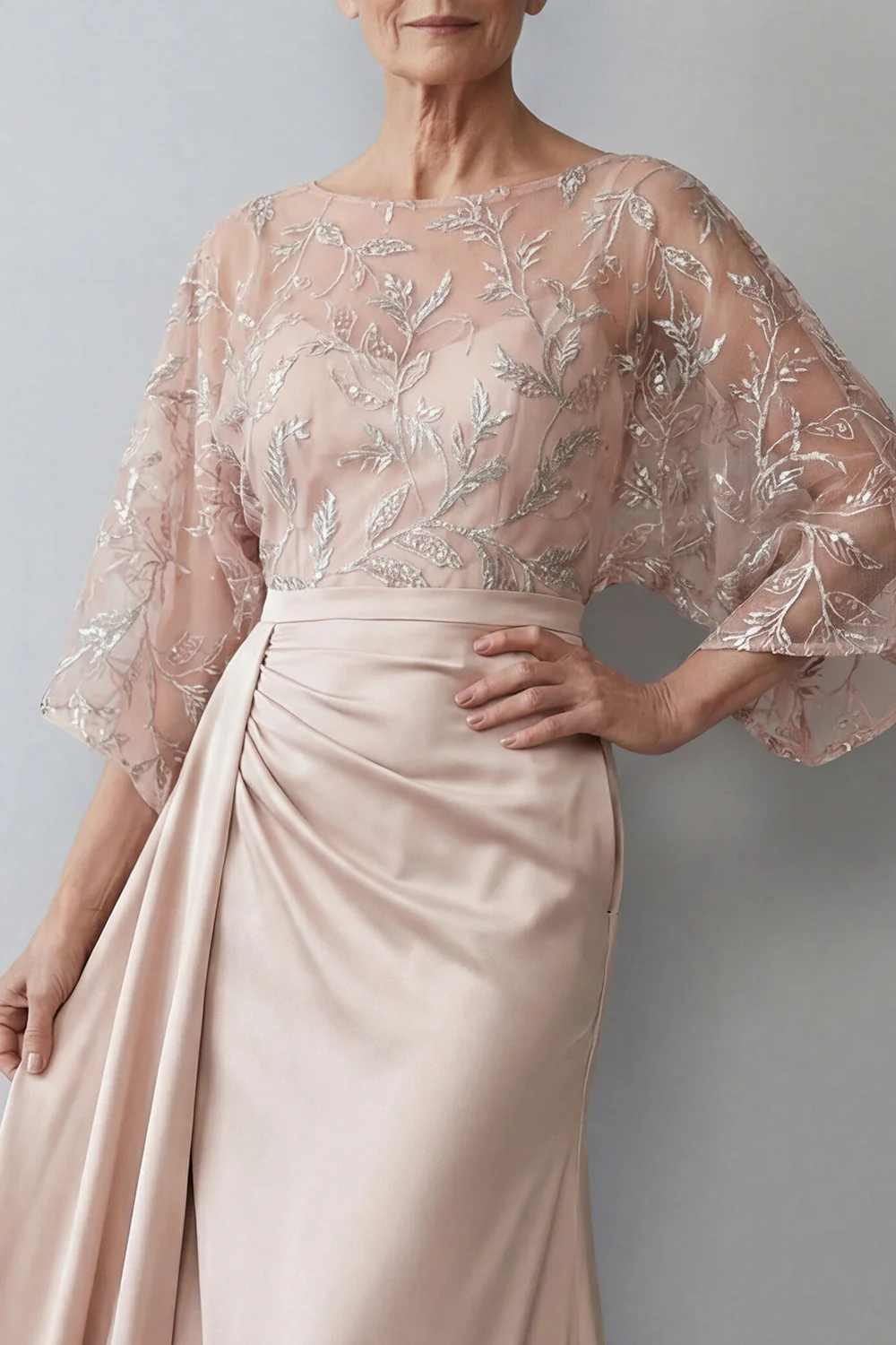 Blush Mermaid Boat Neck Long Mother of the Bride Dress with 3/4 Sleeves - Image 3