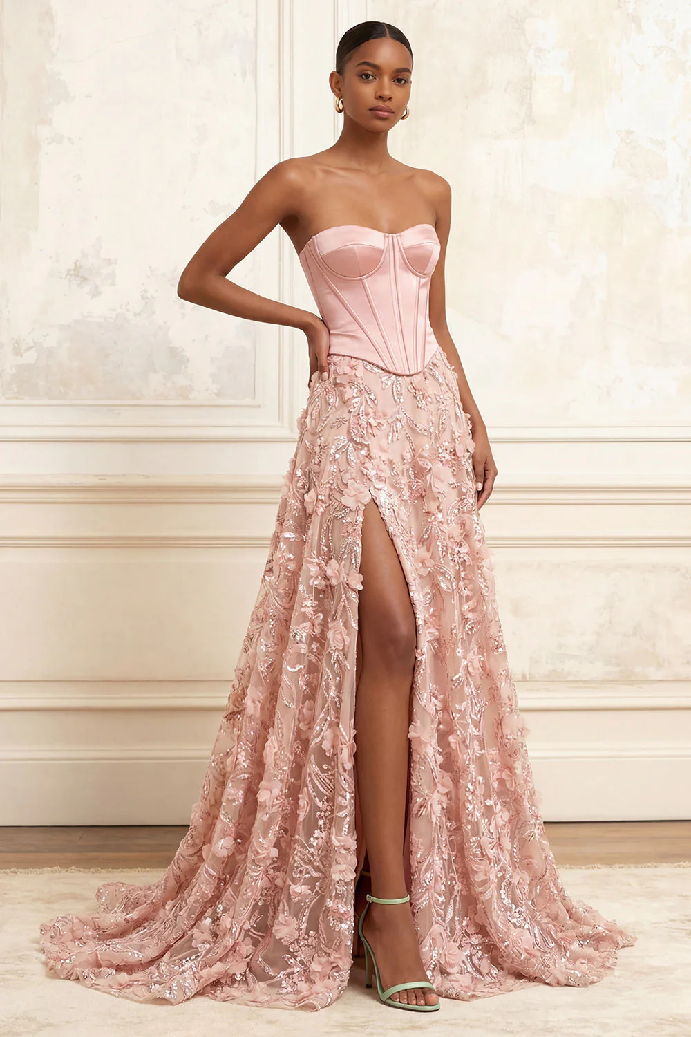 Blush A-Line Strapless Corset Basque Waist 3D Flowers Long Prom Dress with Slit