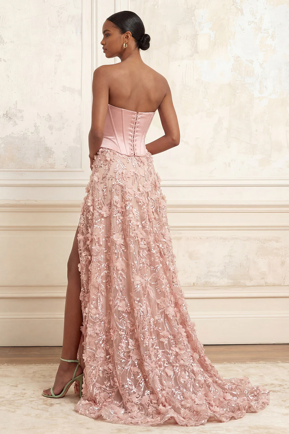 Blush A-Line Strapless Corset Basque Waist 3D Flowers Long Prom Dress with Slit - Image 2