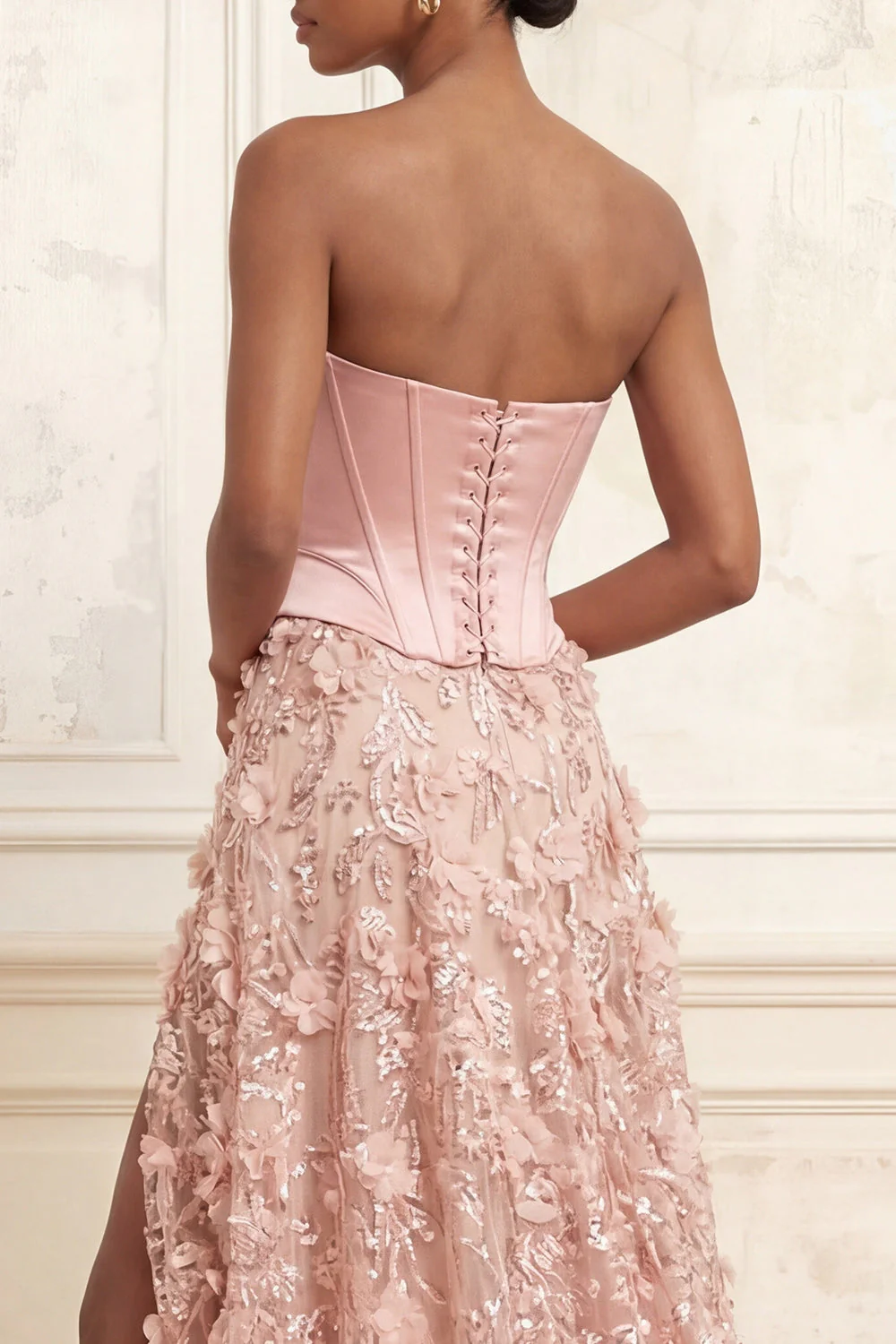 Blush A-Line Strapless Corset Basque Waist 3D Flowers Long Prom Dress with Slit - Image 4