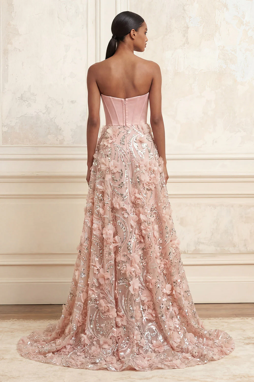 Blush Strapless A-Line Corset Long Prom Dress with 3D Flowers - Image 2