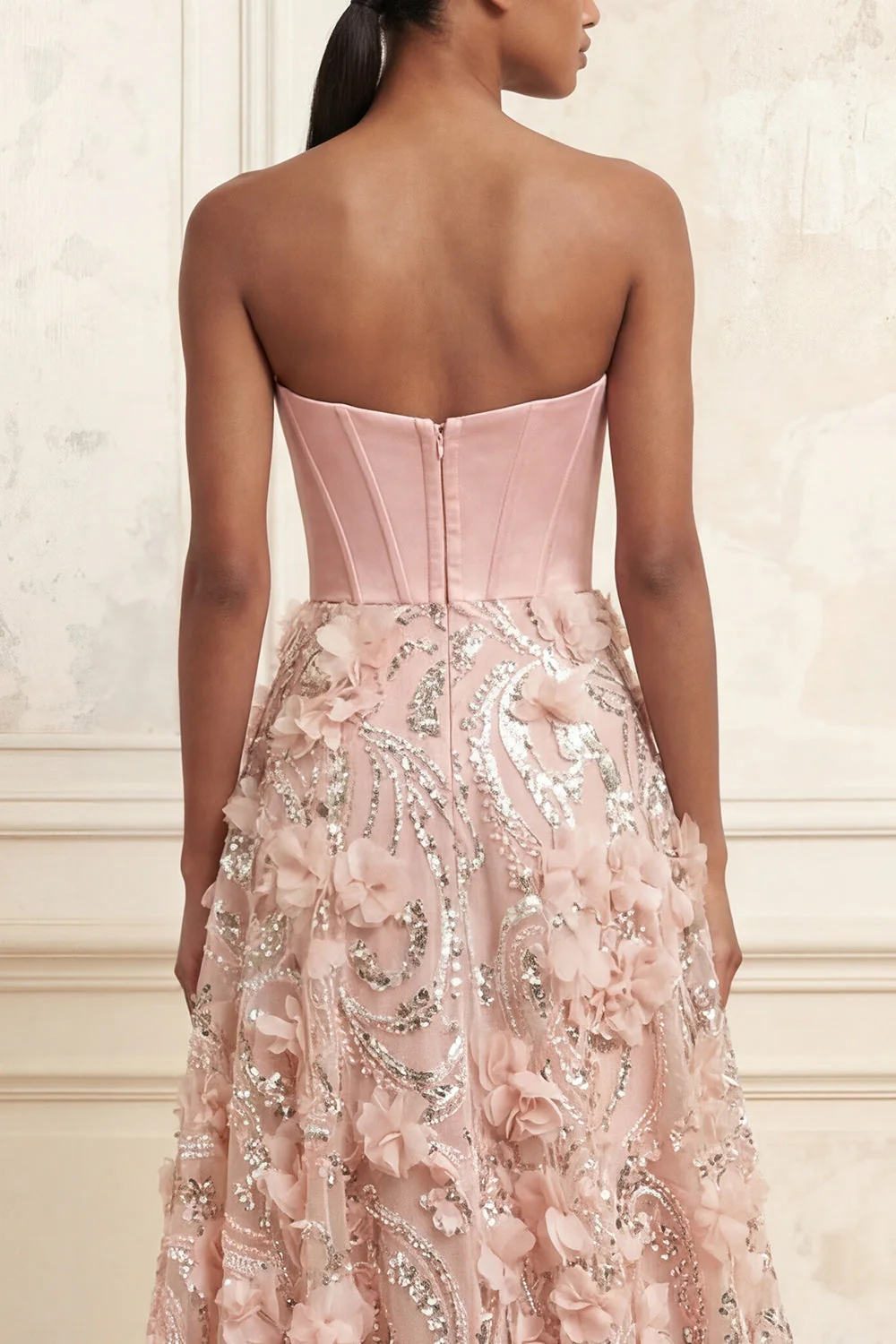 Blush Strapless A-Line Corset Long Prom Dress with 3D Flowers - Image 4