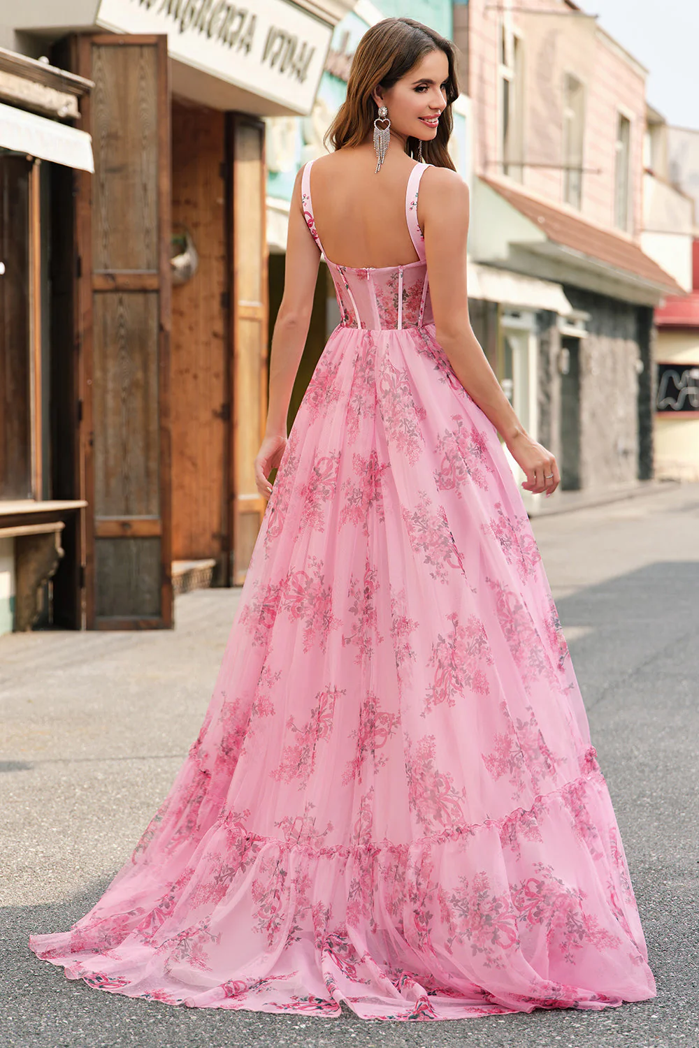 Blush Floral A Line Spaghetti Straps Pleated Corset Prom Dress - Image 2