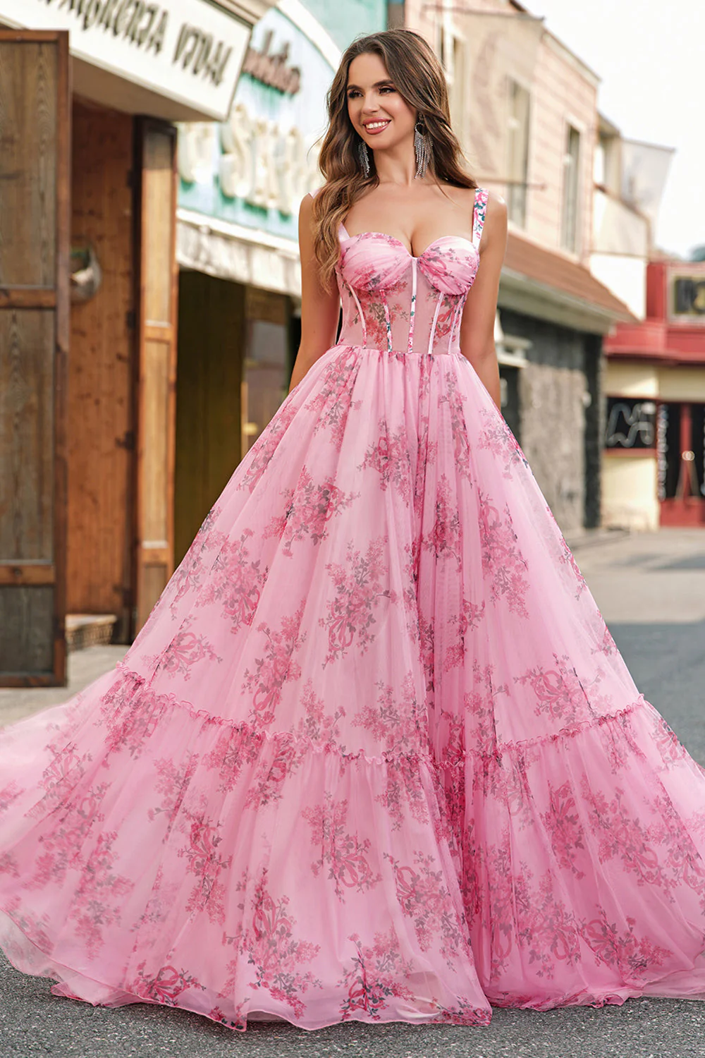 Blush Floral A Line Spaghetti Straps Pleated Corset Prom Dress - Image 3