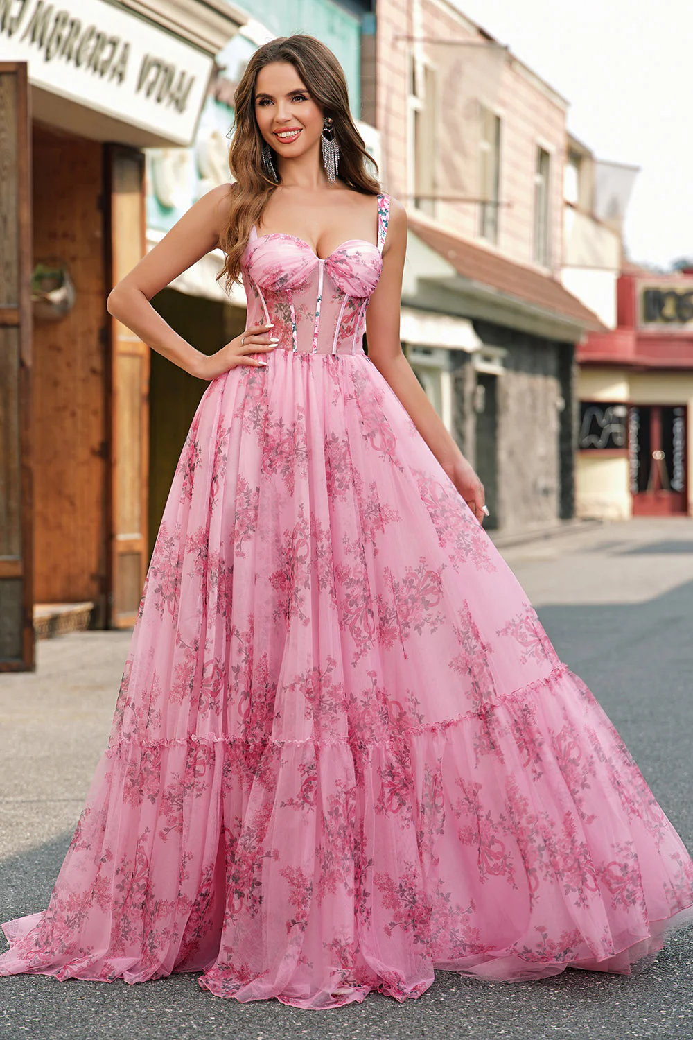 Blush Floral A Line Spaghetti Straps Pleated Corset Prom Dress - Image 4