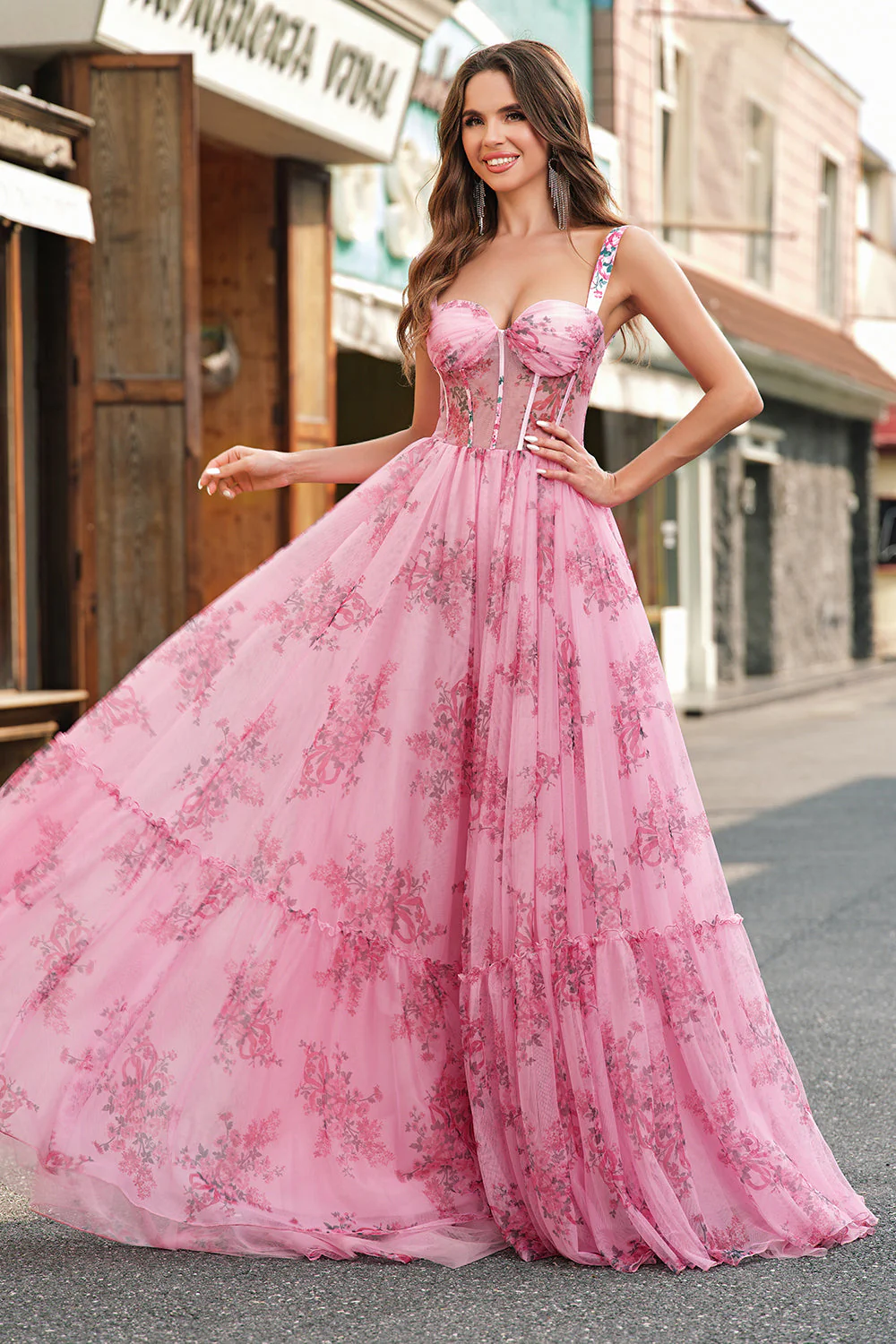 Blush Floral A Line Spaghetti Straps Pleated Corset Prom Dress - Image 5