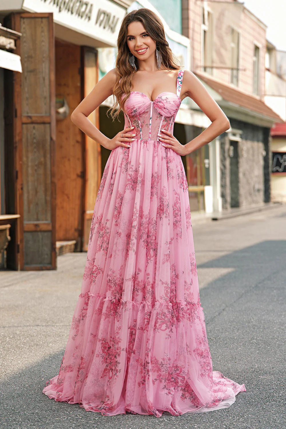 Blush Floral A Line Spaghetti Straps Pleated Corset Prom Dress - Image 6