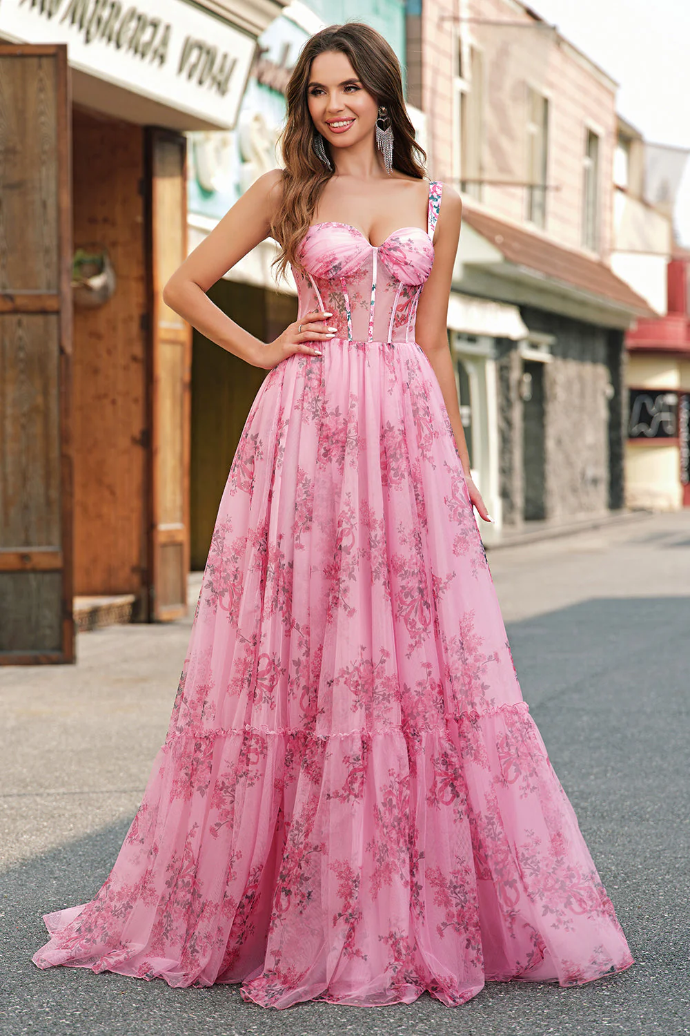 Blush Floral A Line Spaghetti Straps Pleated Corset Prom Dress - Image 7