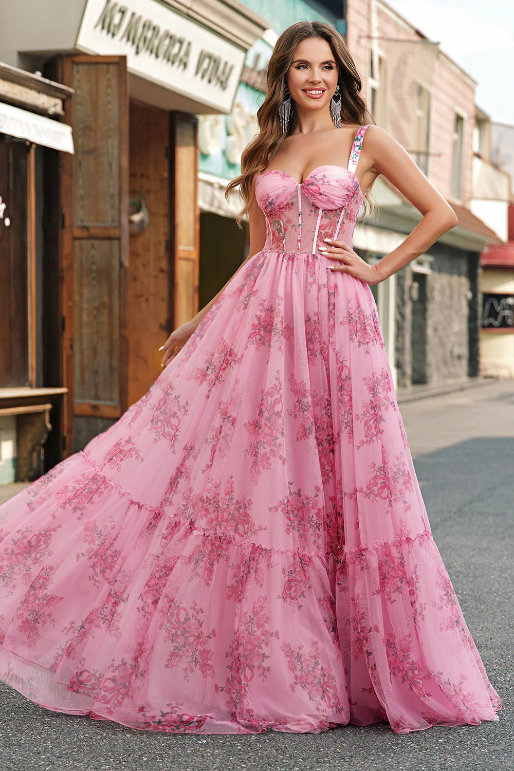 Blush Floral A Line Spaghetti Straps Pleated Corset Prom Dress - Image 8