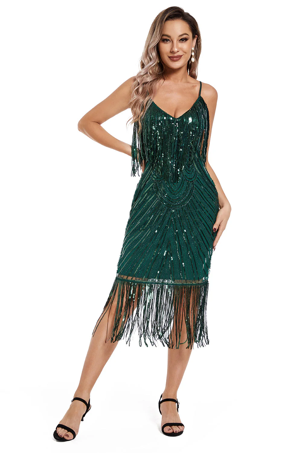 Blush Fringed Spaghetti Straps 1920s Gatsby Dress - Image 13