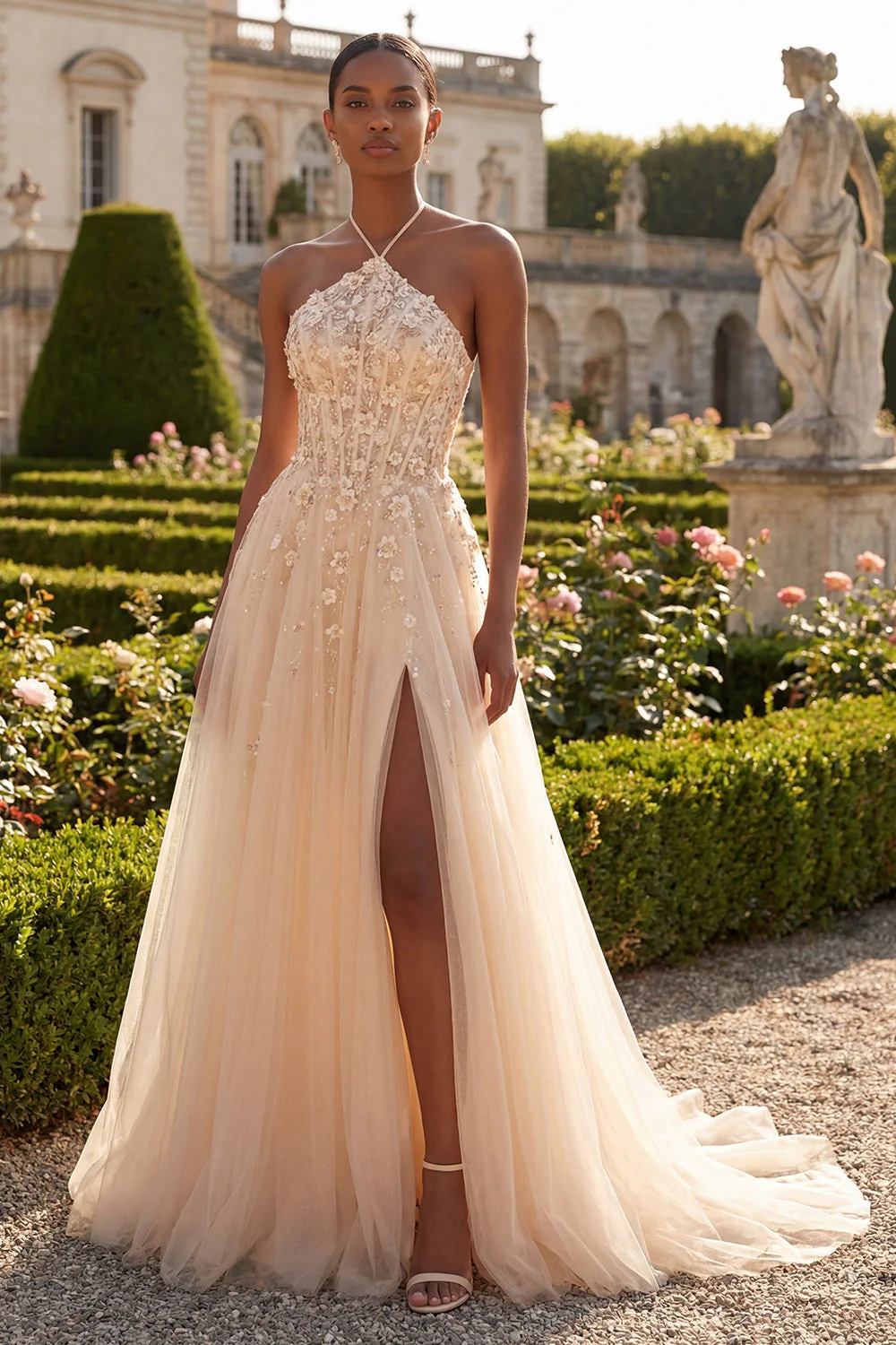 Blush Halter Corset A Line 3D Flowers Long Prom Dress with Slit