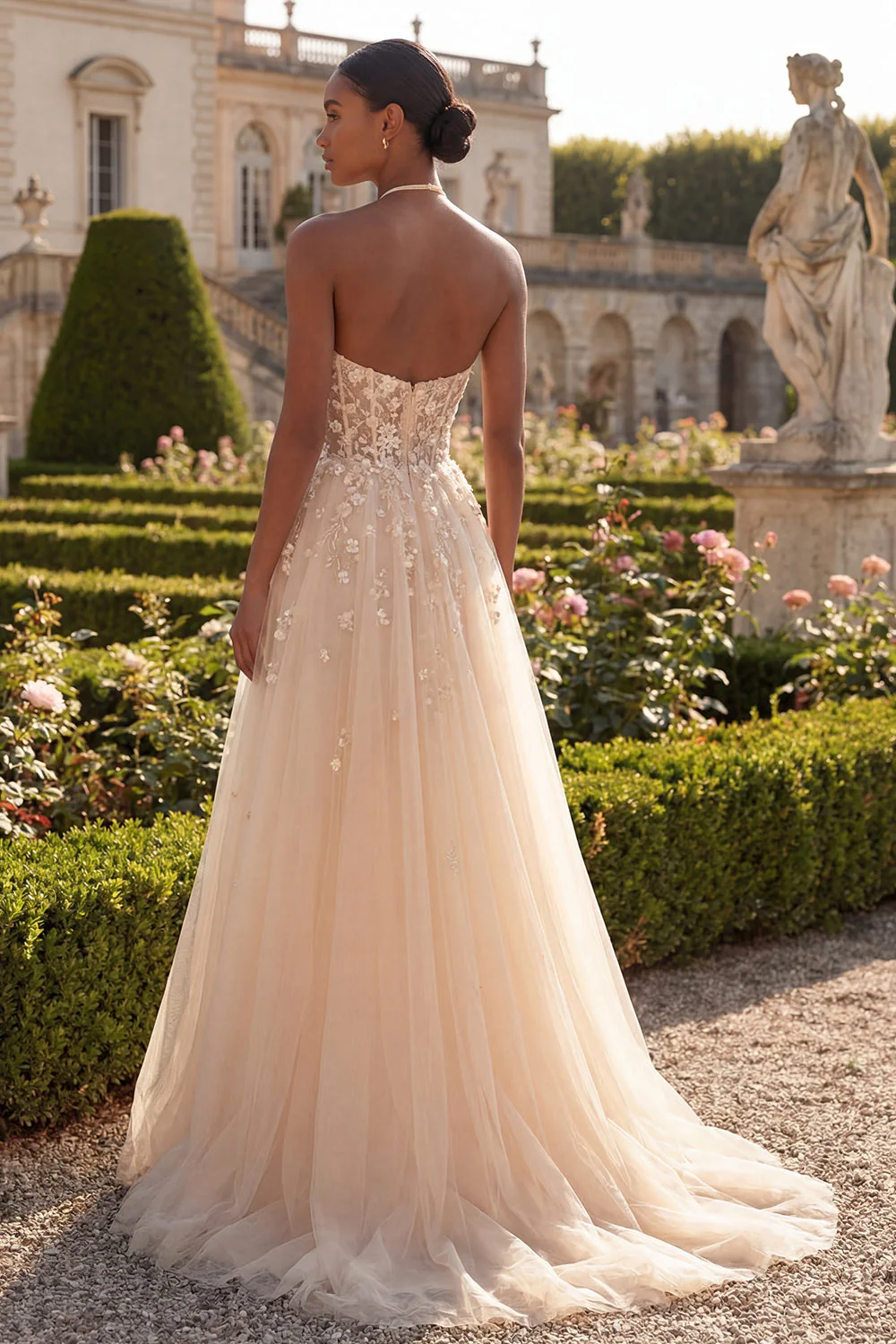 Blush Halter Corset A Line 3D Flowers Long Prom Dress with Slit - Image 2