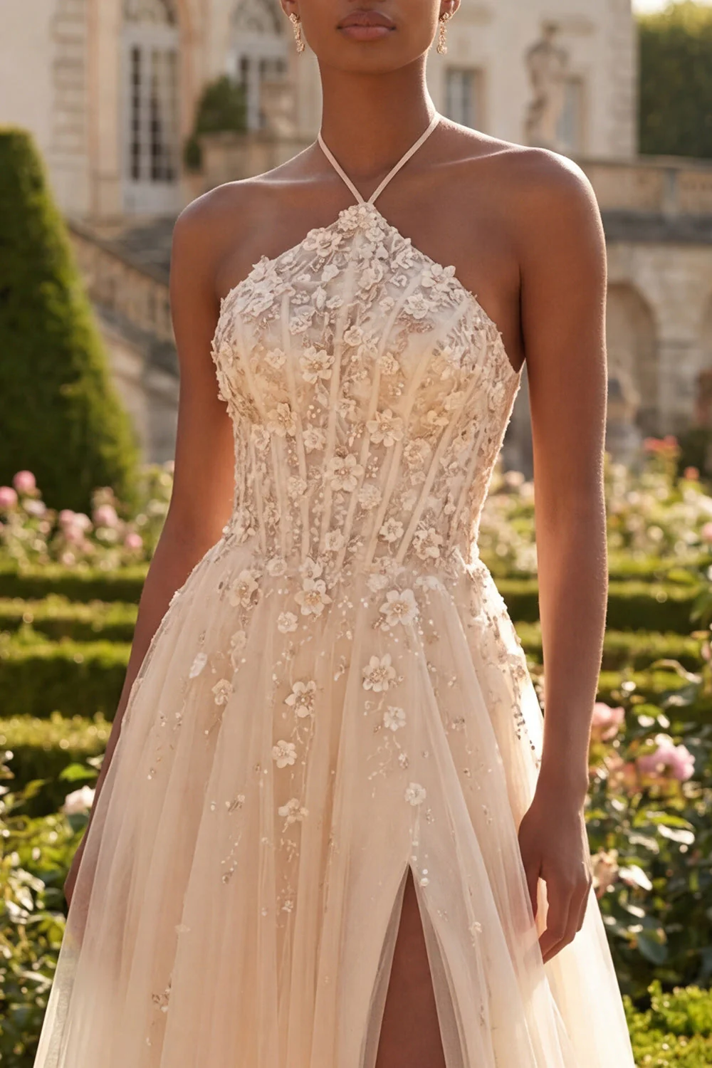 Blush Halter Corset A Line 3D Flowers Long Prom Dress with Slit - Image 3