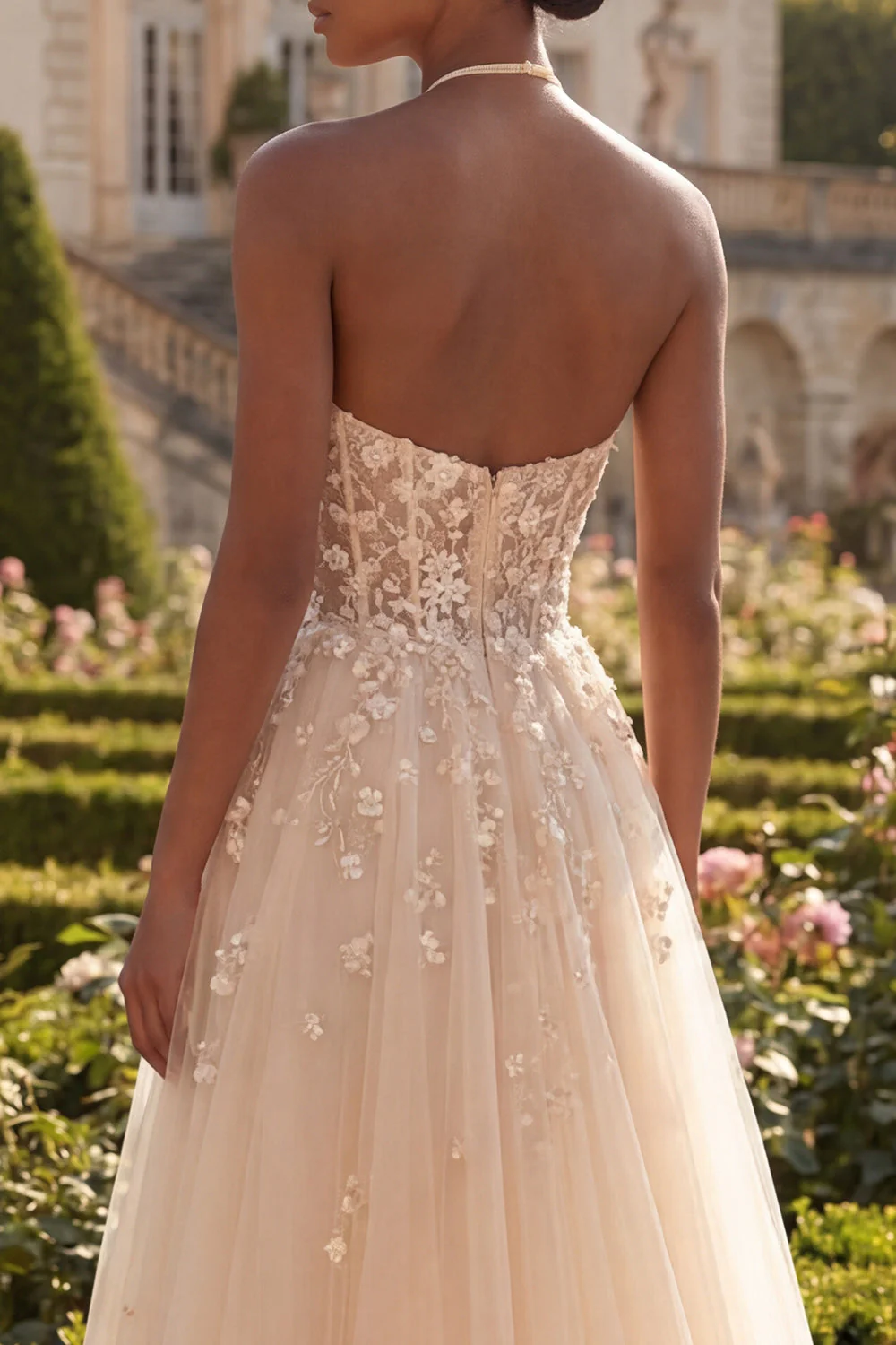 Blush Halter Corset A Line 3D Flowers Long Prom Dress with Slit - Image 4