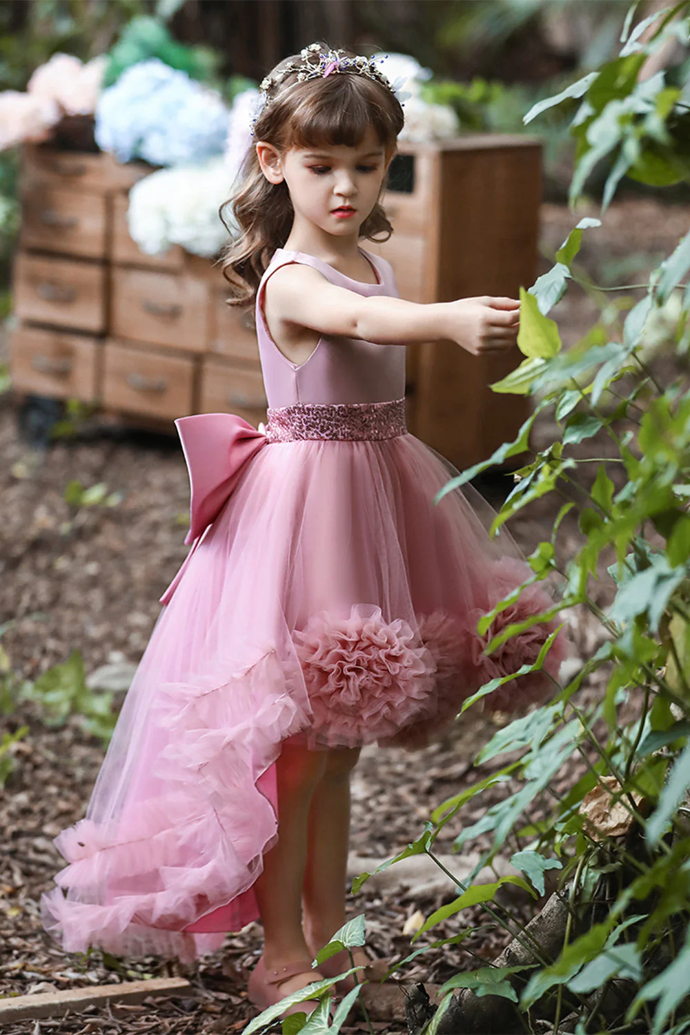 Blush High Low Flower Girl Dress with Flowers - Image 2
