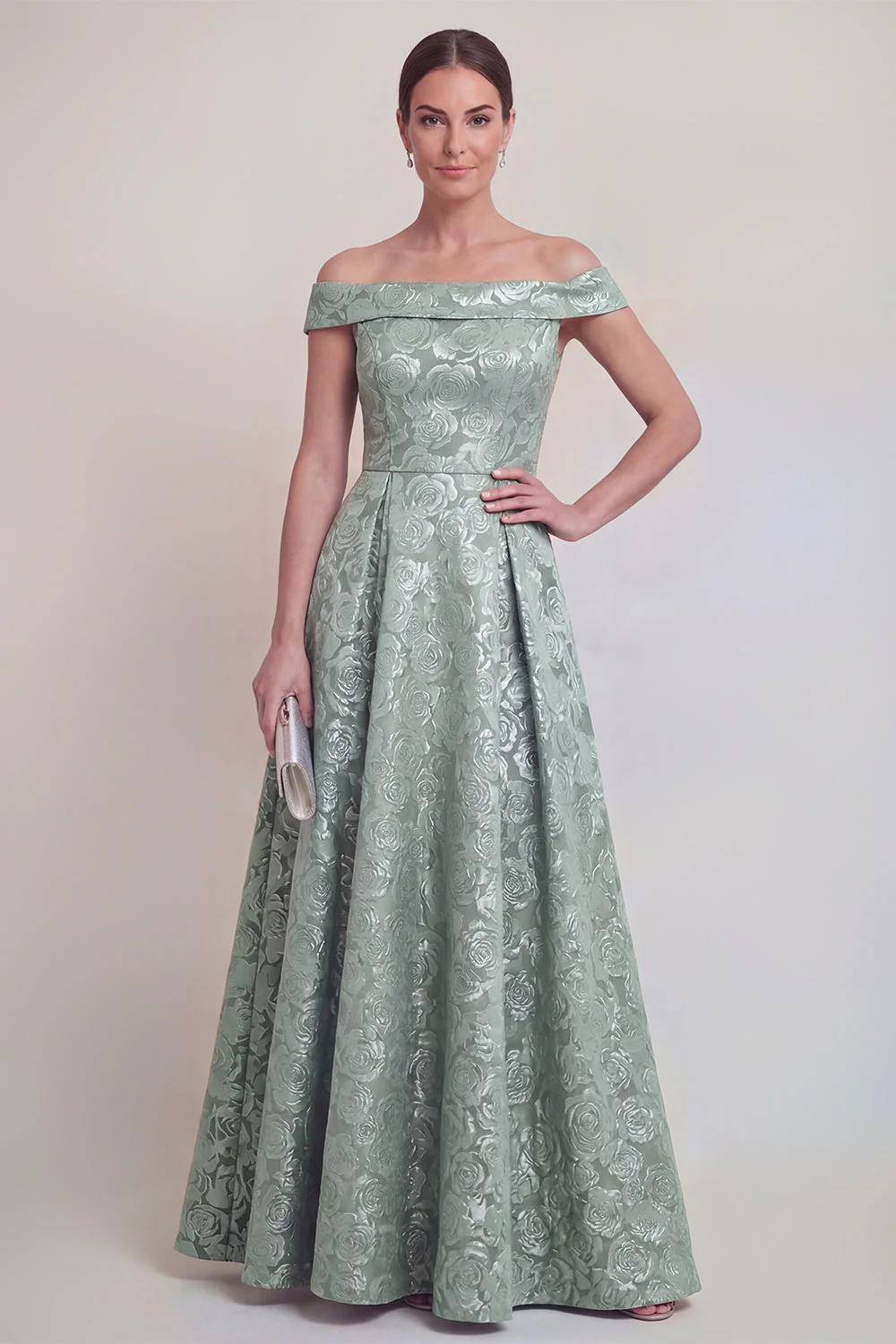 Blush Jacquard Floral Off The Shoulder A Line Long Mother of The Bride Dress - Image 13