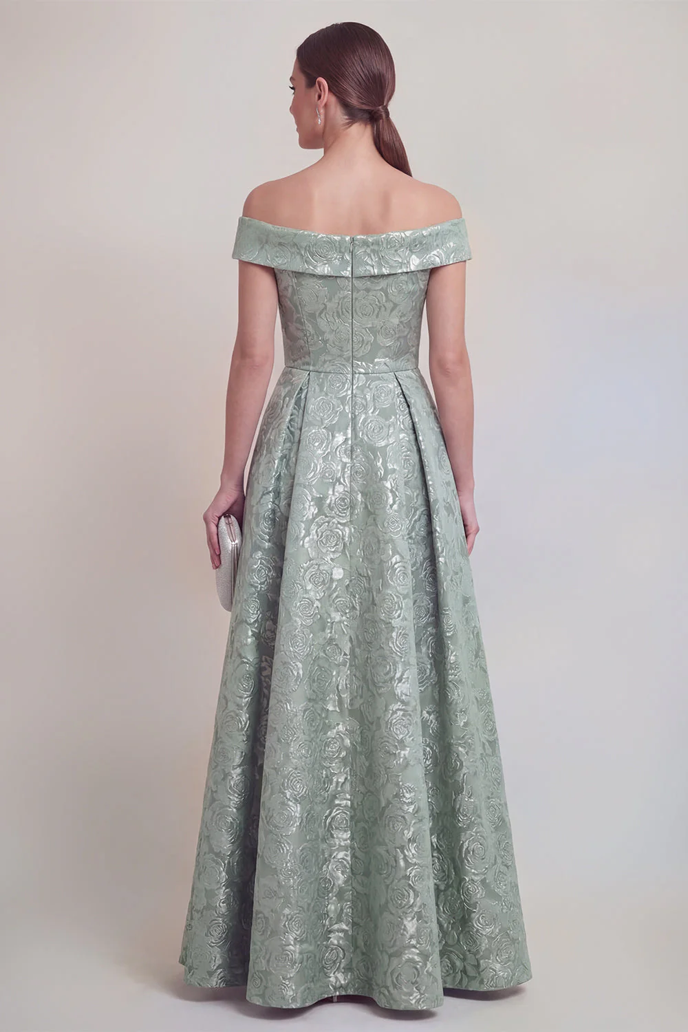 Blush Jacquard Floral Off The Shoulder A Line Long Mother of The Bride Dress - Image 14