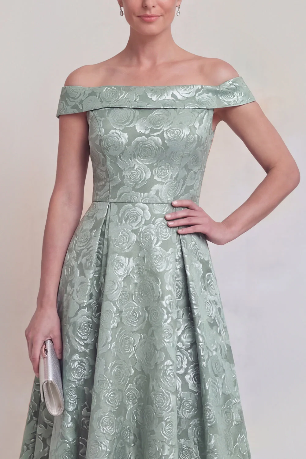 Blush Jacquard Floral Off The Shoulder A Line Long Mother of The Bride Dress - Image 15