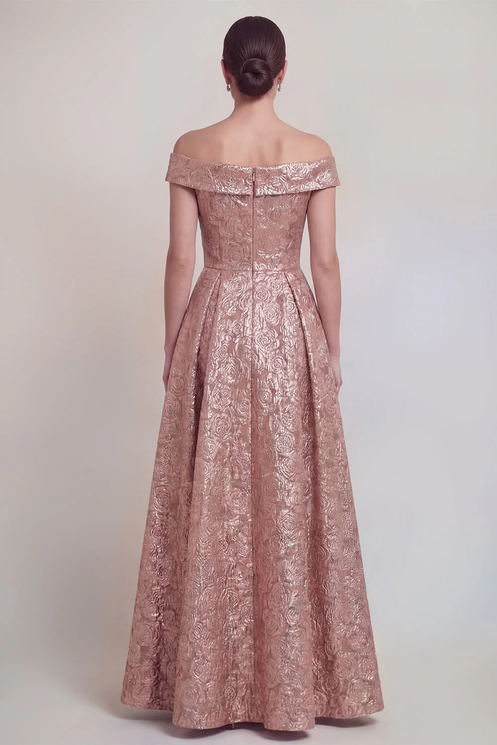 Blush Jacquard Floral Off The Shoulder A Line Long Mother of The Bride Dress - Image 2