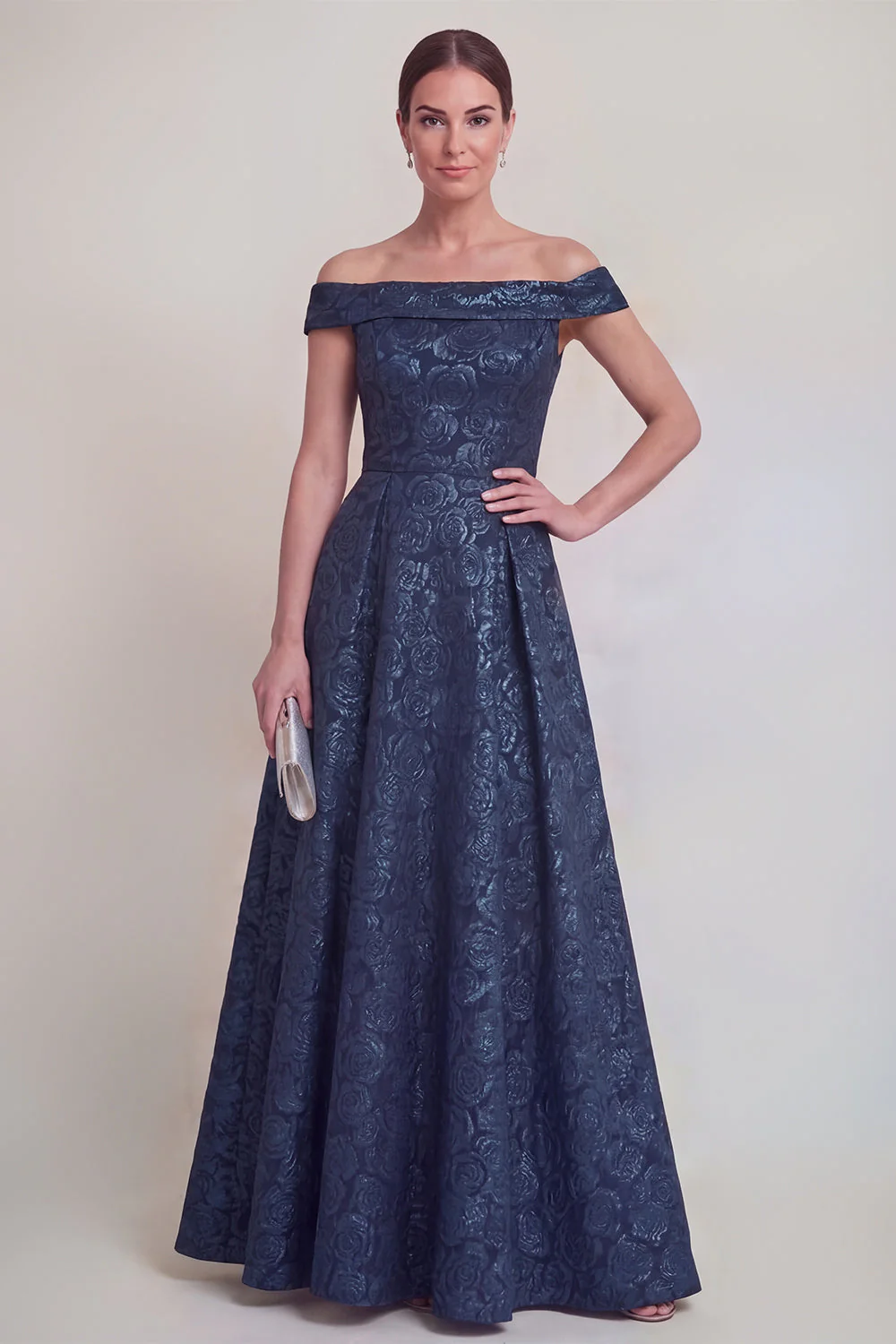 Blush Jacquard Floral Off The Shoulder A Line Long Mother of The Bride Dress - Image 5