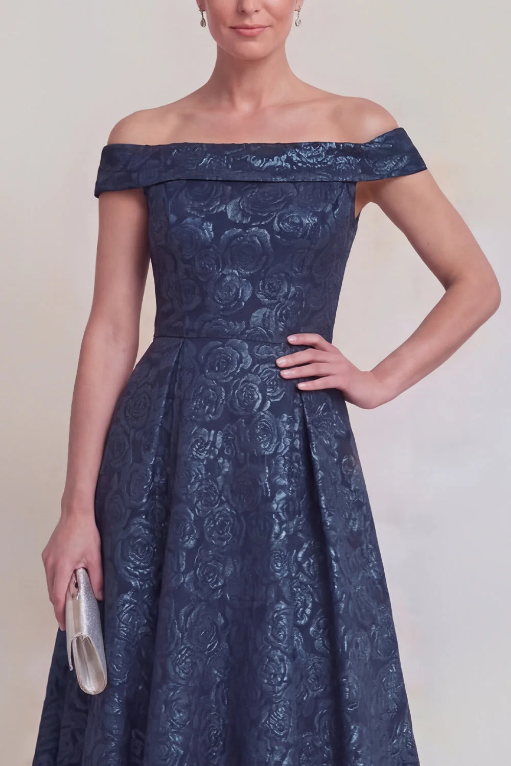 Blush Jacquard Floral Off The Shoulder A Line Long Mother of The Bride Dress - Image 7