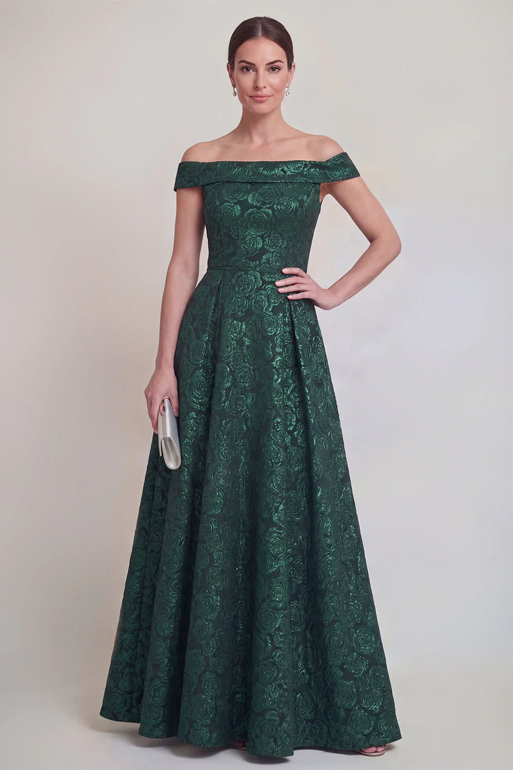 Blush Jacquard Floral Off The Shoulder A Line Long Mother of The Bride Dress - Image 9