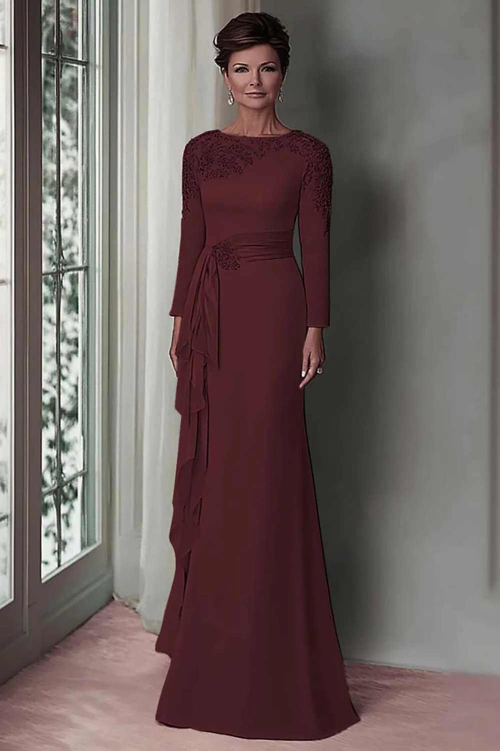 Blush Lace Sheath Mother Of The Bride Dress with Long Sleeves - Image 11