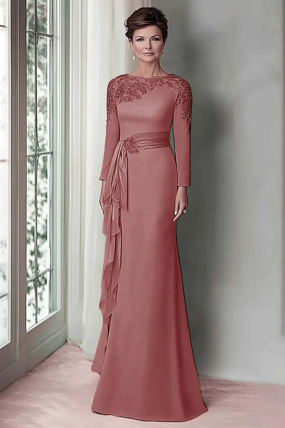 Blush Lace Sheath Mother Of The Bride Dress with Long Sleeves - Image 15