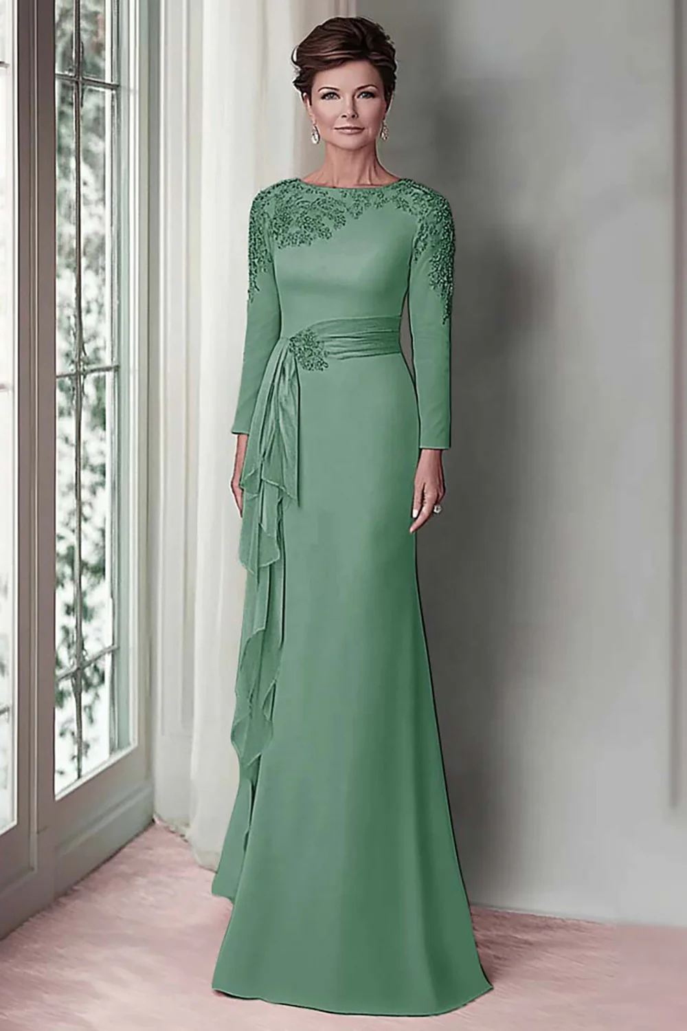 Blush Lace Sheath Mother Of The Bride Dress with Long Sleeves - Image 17