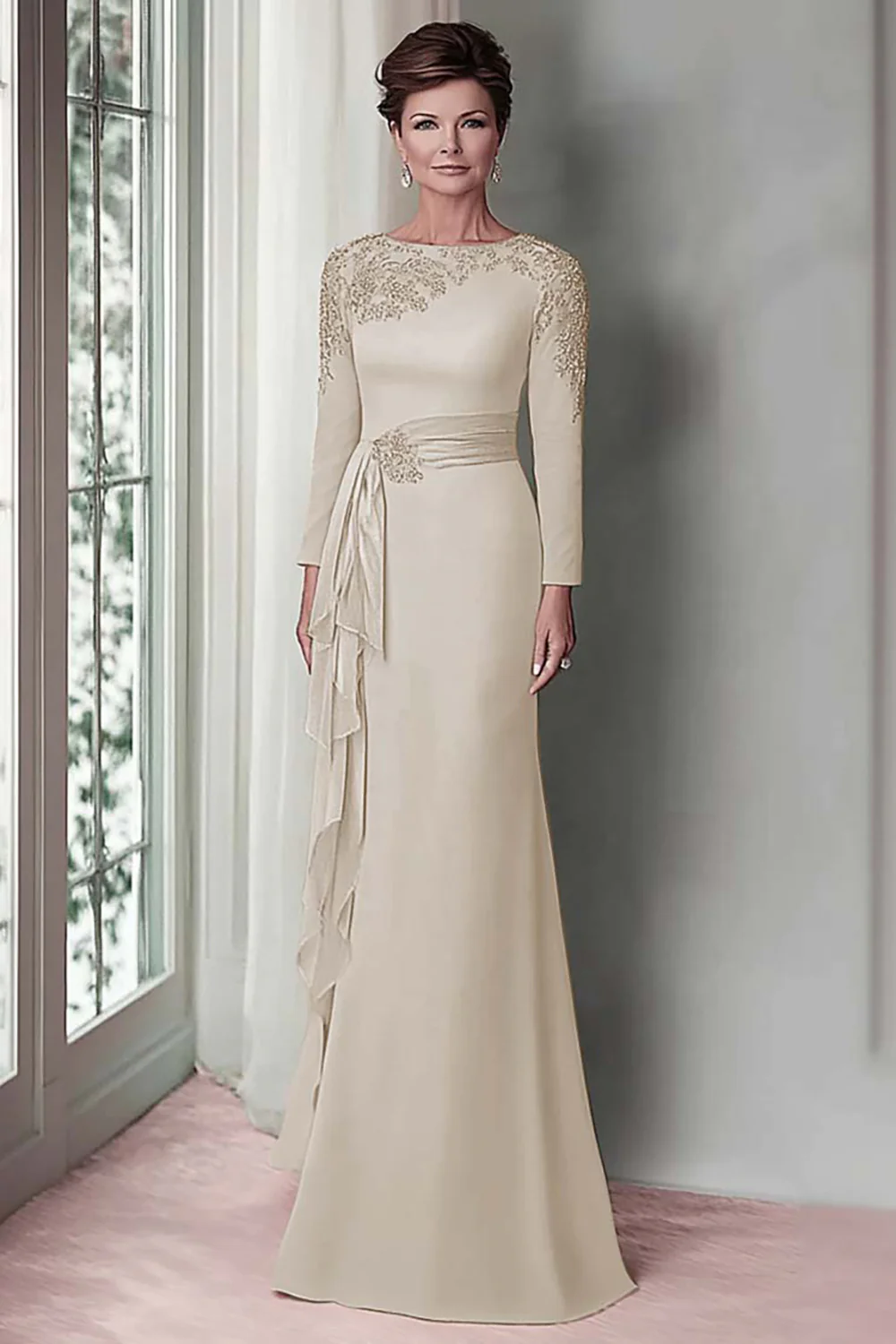 Blush Lace Sheath Mother Of The Bride Dress with Long Sleeves - Image 19