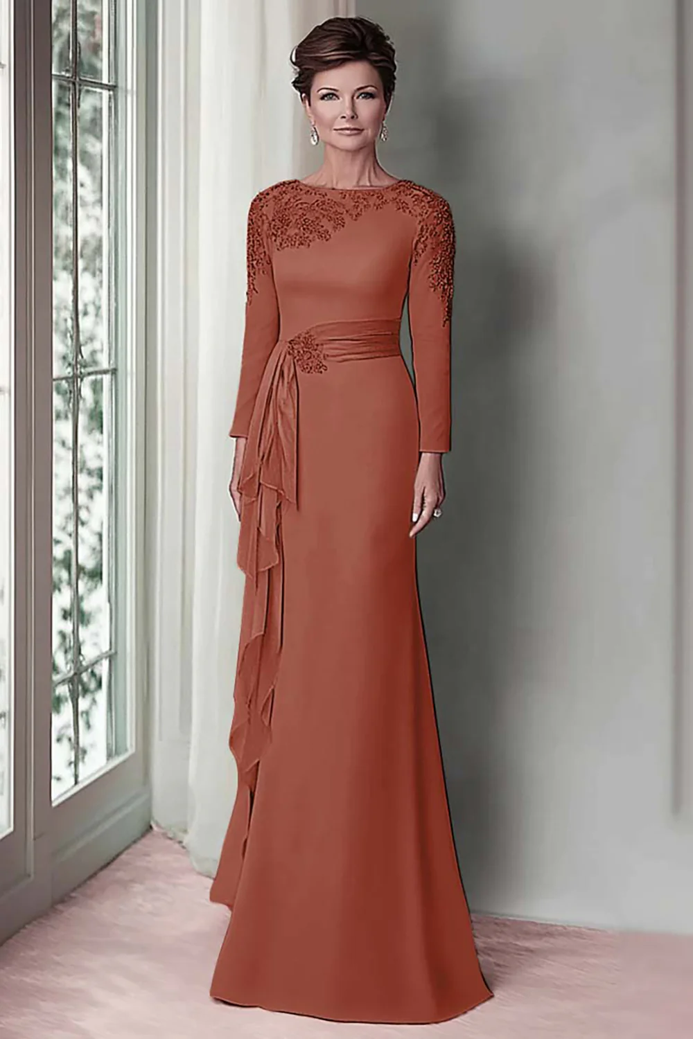 Blush Lace Sheath Mother Of The Bride Dress with Long Sleeves - Image 21