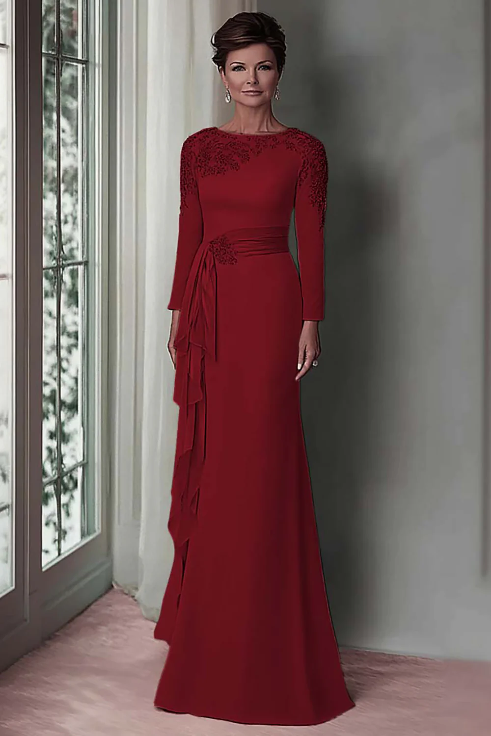 Blush Lace Sheath Mother Of The Bride Dress with Long Sleeves - Image 9
