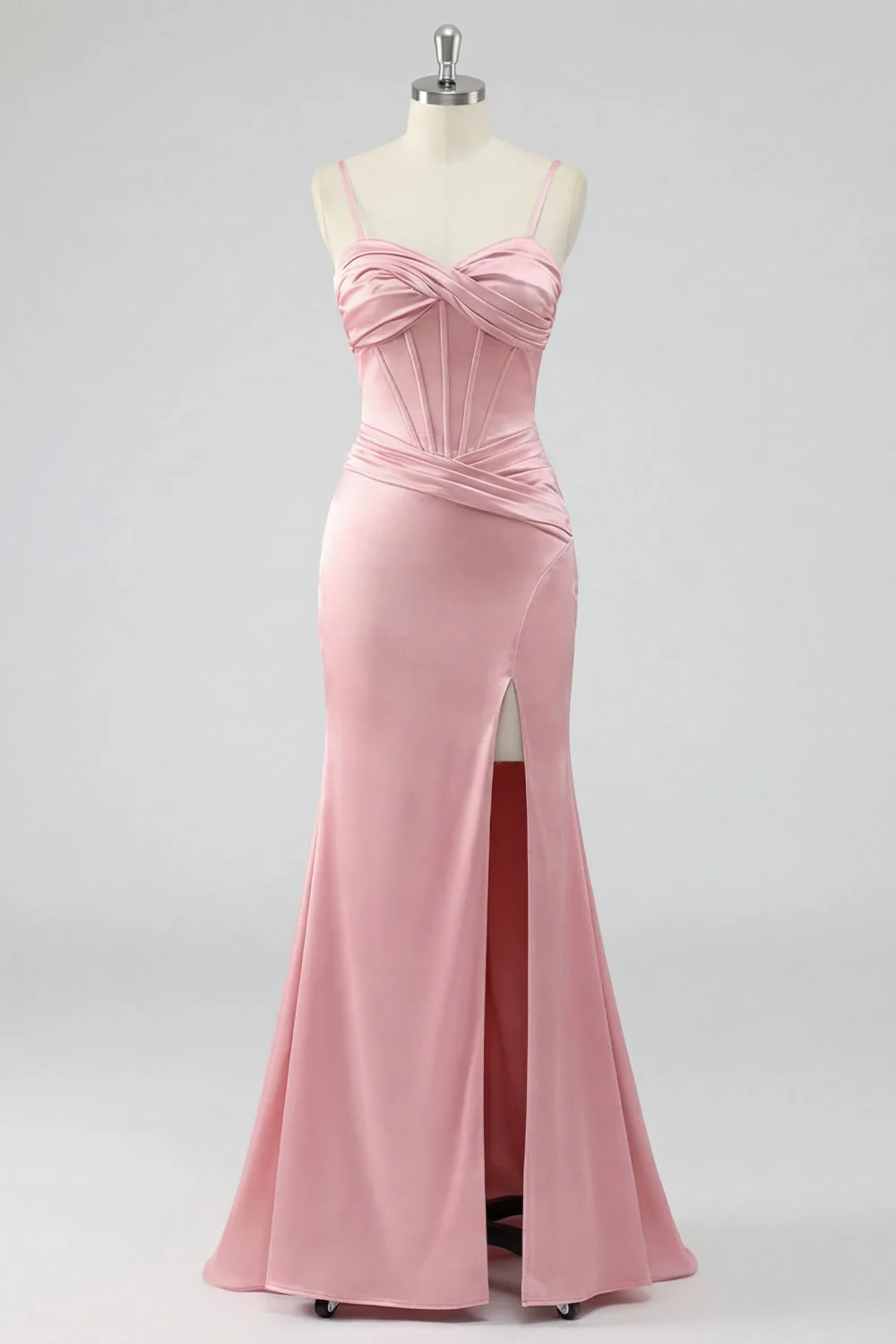Mermaid Blush Corset Pleated Lace Up Back Long Prom Dress with Slit - Image 5