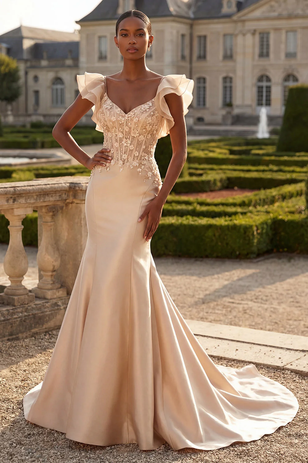 Blush Mermaid Corset Satin V-Neck Long Prom Dress with 3D Flowers