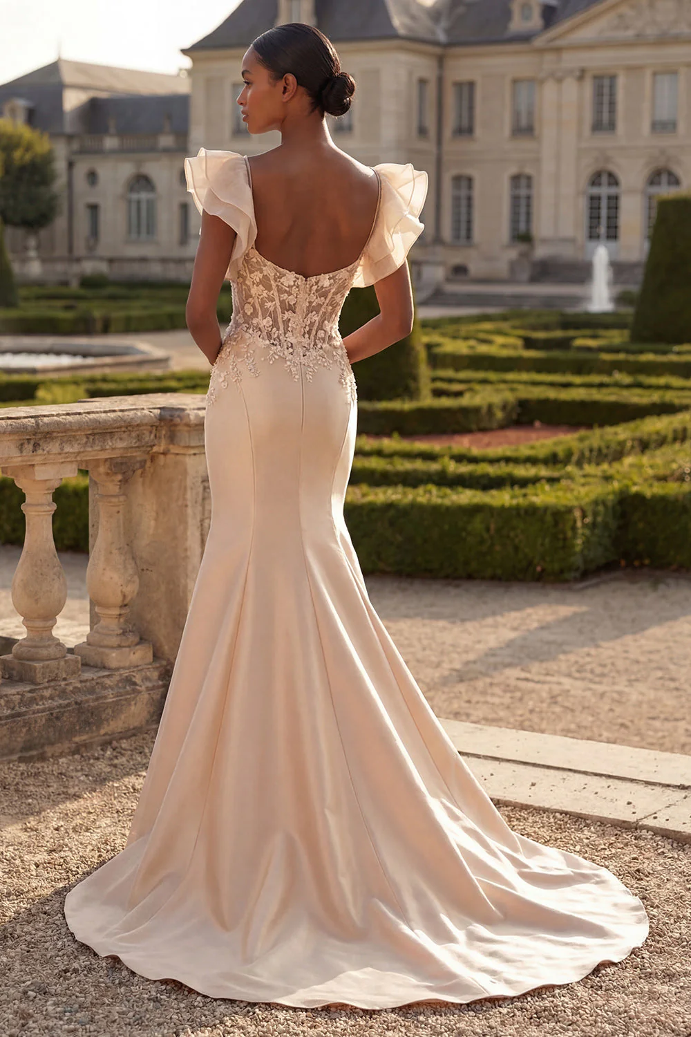 Blush Mermaid Corset Satin V-Neck Long Prom Dress with 3D Flowers - Image 2