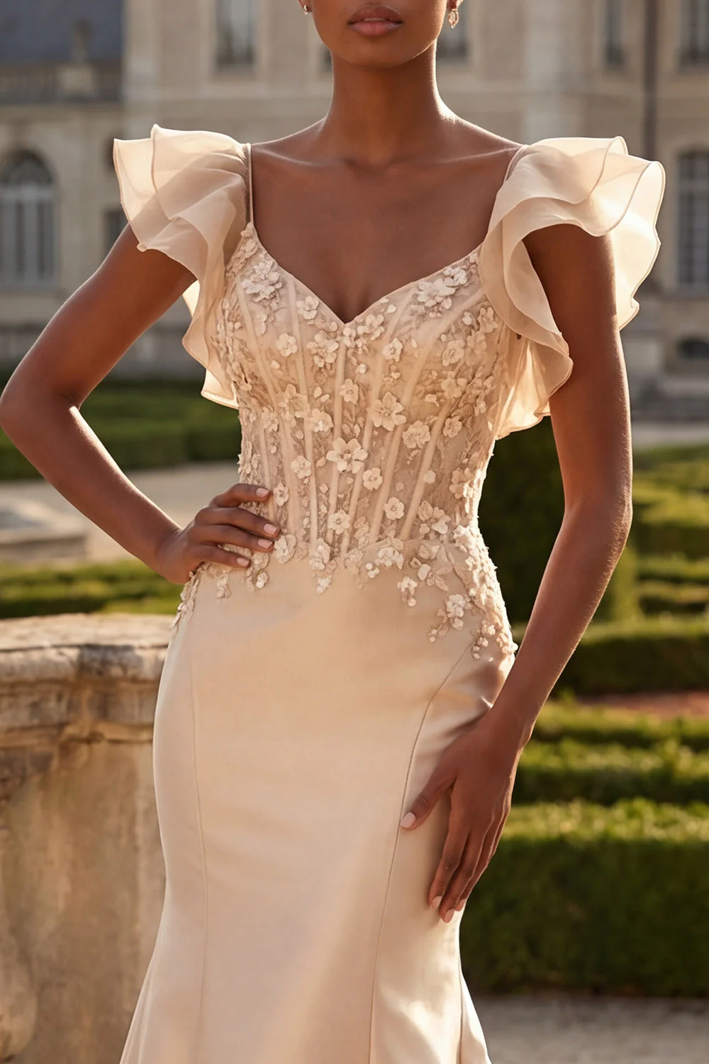 Blush Mermaid Corset Satin V-Neck Long Prom Dress with 3D Flowers - Image 3