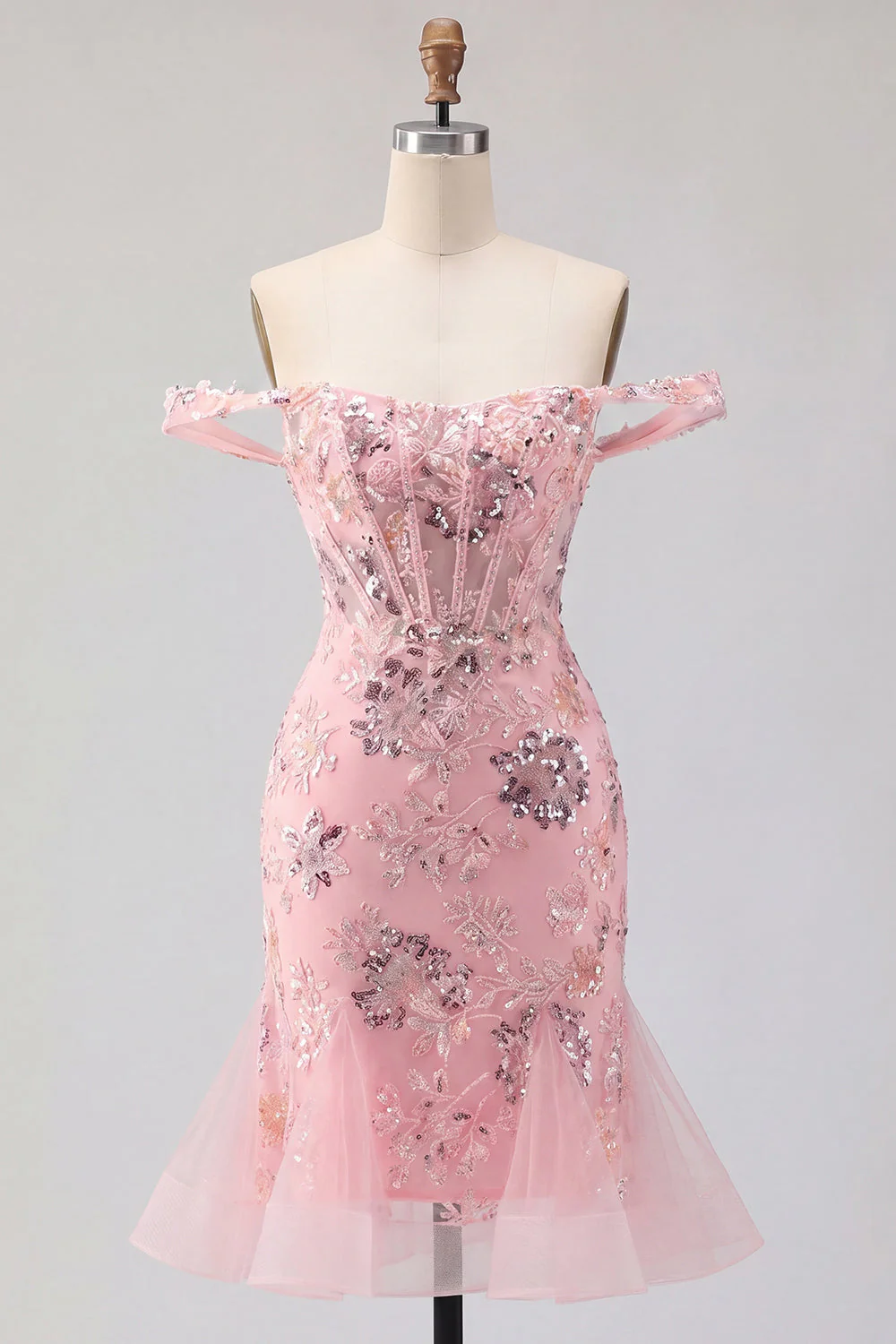 Blush Off the Shoulder Bodycon Floral Corset Sequin Cocktail Dress with Ruffles