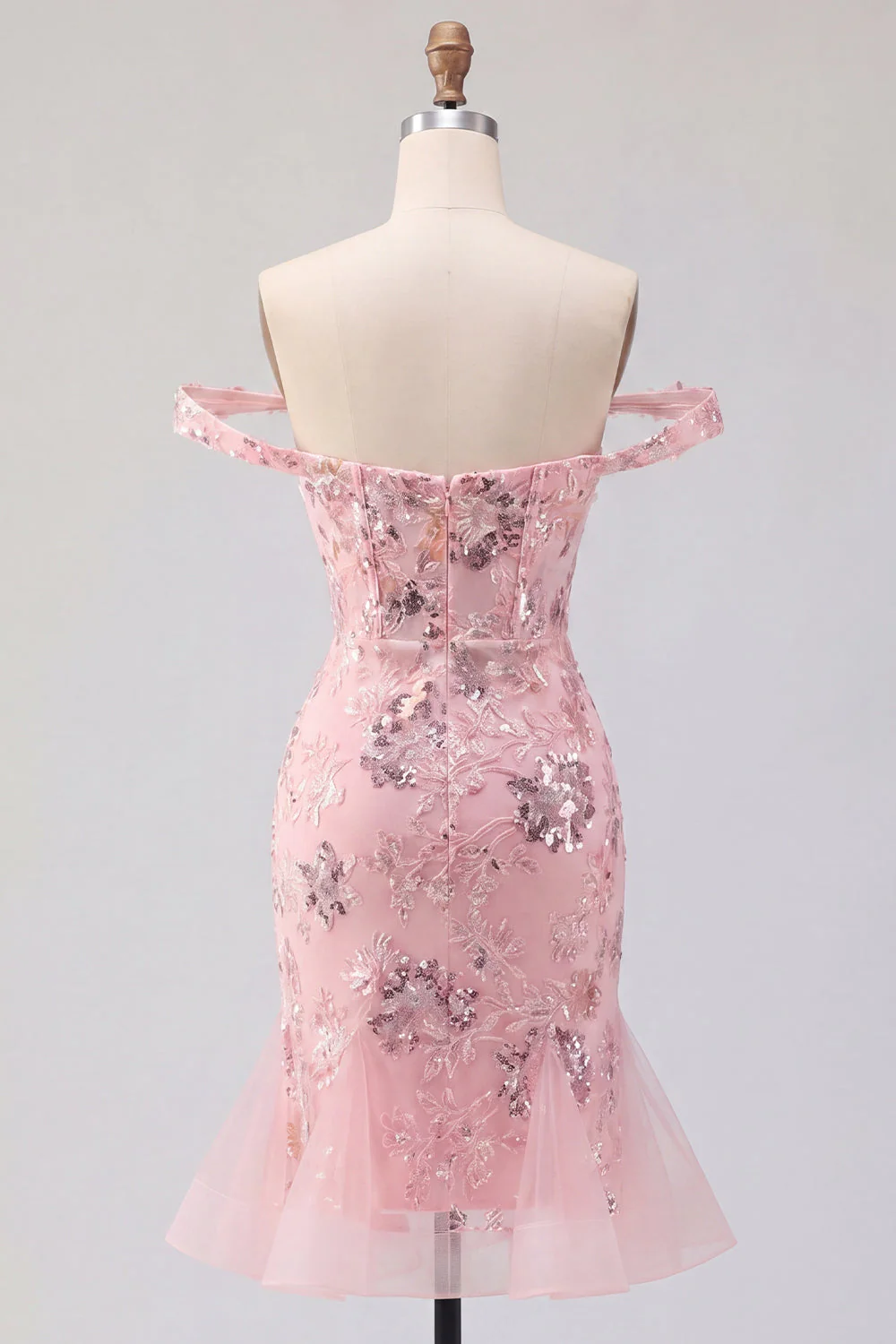 Blush Off the Shoulder Bodycon Floral Corset Sequin Cocktail Dress with Ruffles - Image 2