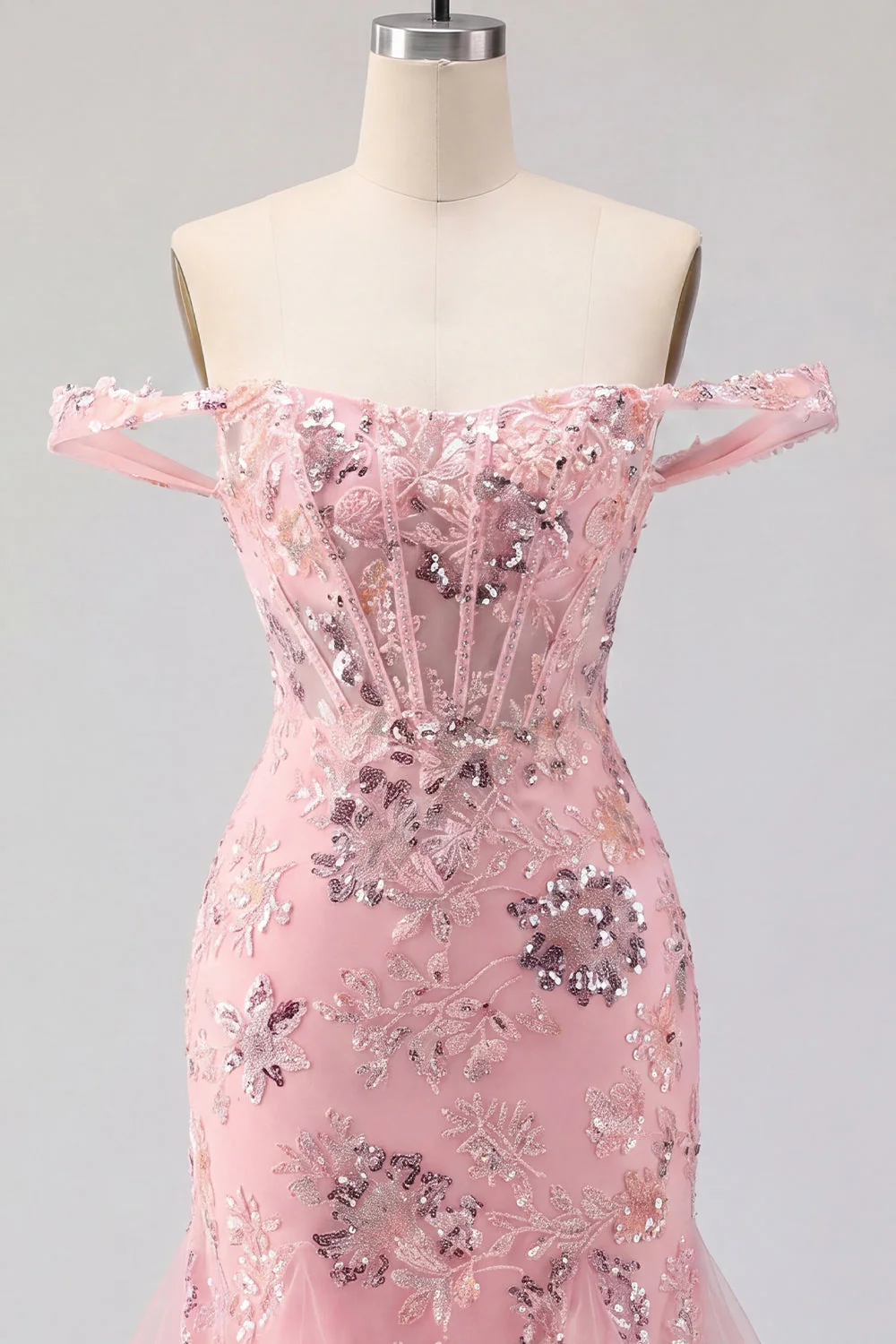 Blush Off the Shoulder Bodycon Floral Corset Sequin Cocktail Dress with Ruffles - Image 5