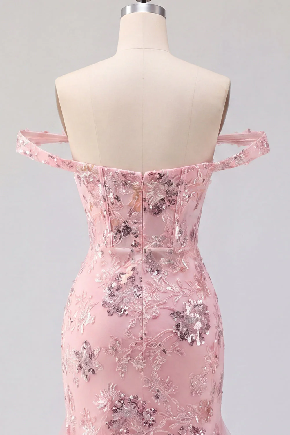 Blush Off the Shoulder Bodycon Floral Corset Sequin Cocktail Dress with Ruffles - Image 6