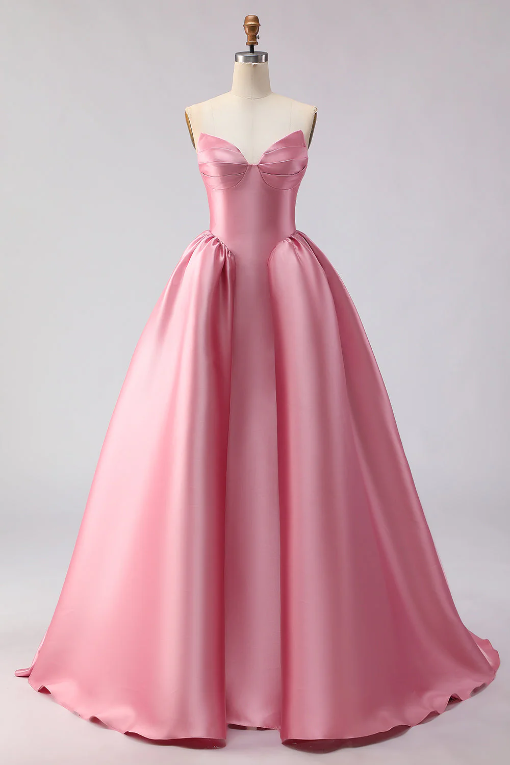 Blush Pink A Line Sweetheart Satin Long Prom Dress with Structured Bodice and Full Skirt