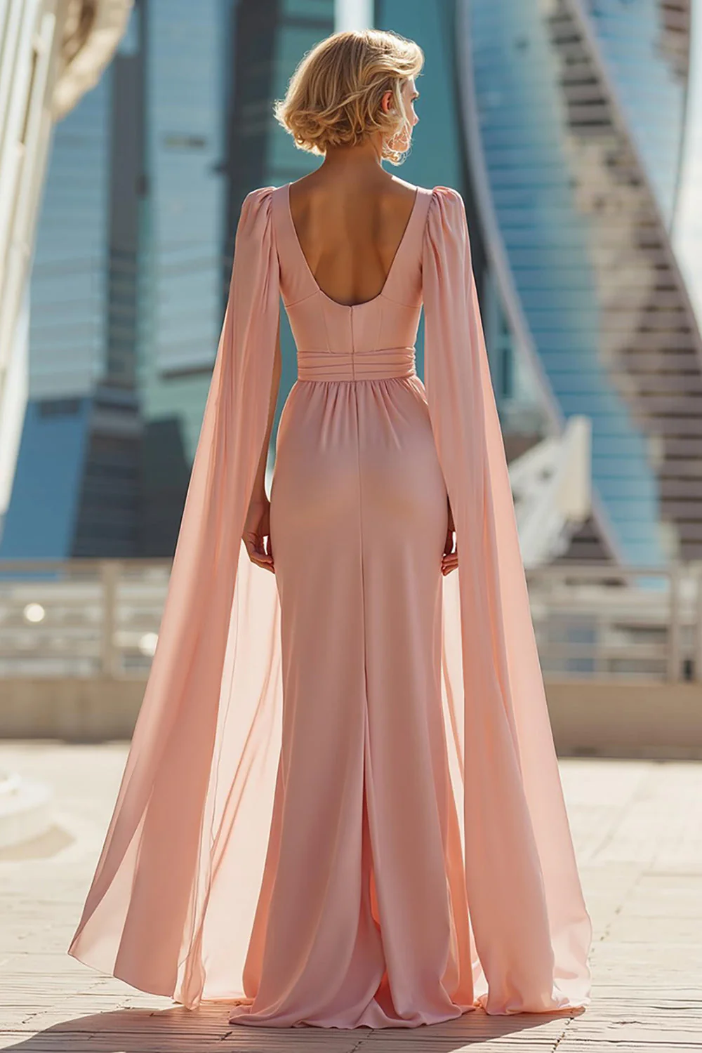 Blush Pink Sheath Round Neck Long Mother Of The Bride Dress - Image 2