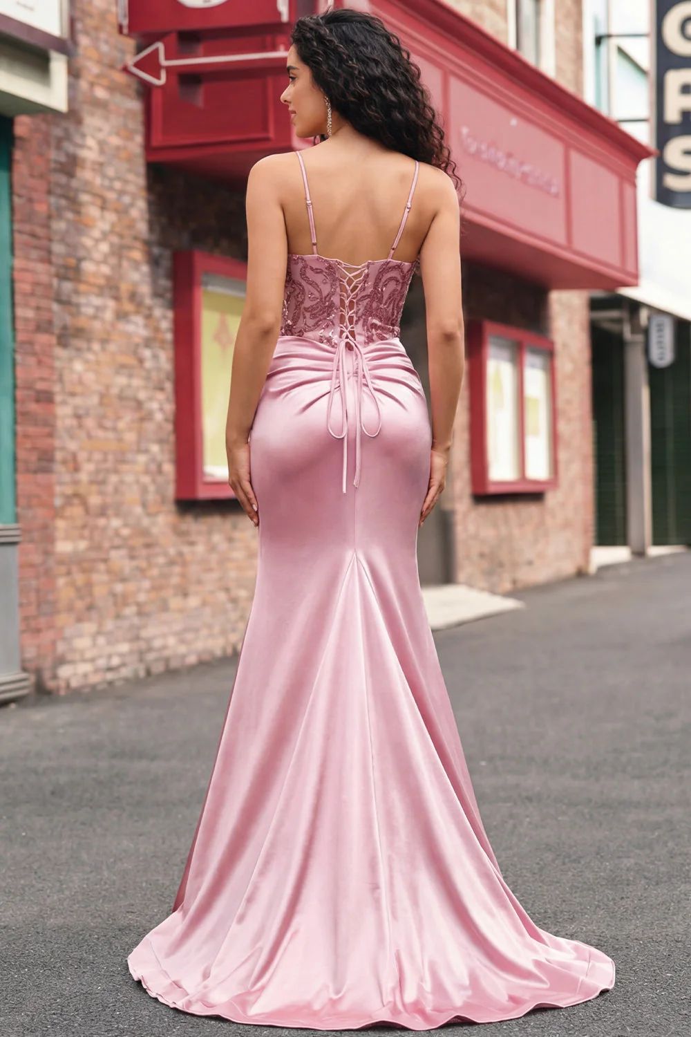Blush Ruched Mermaid Sequin Long Prom Dress with Slit - Image 2