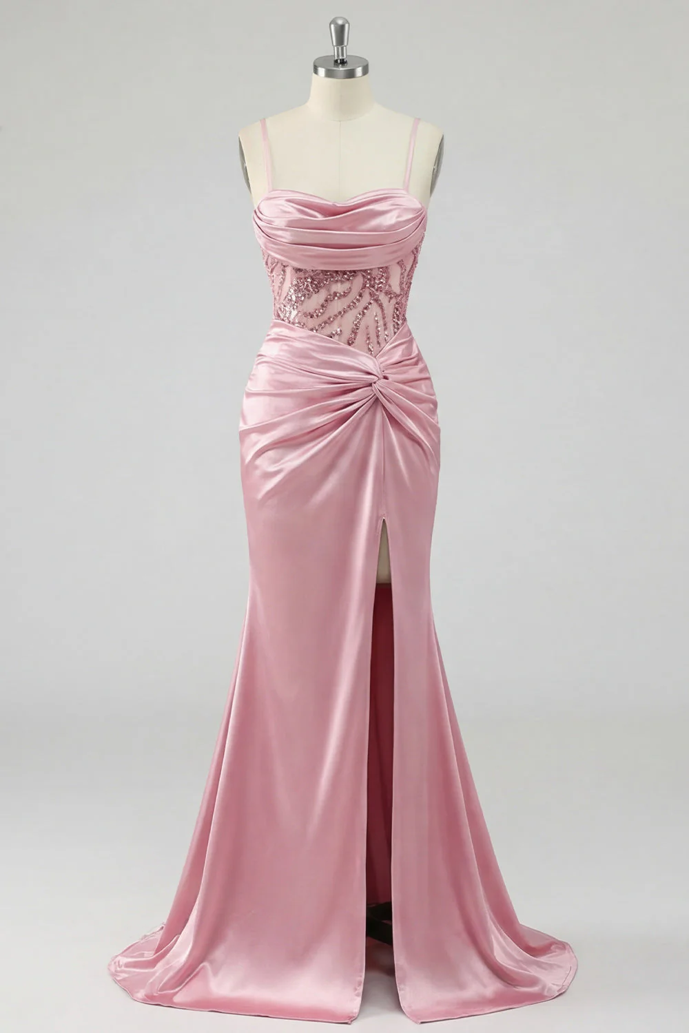 Blush Ruched Mermaid Sequin Long Prom Dress with Slit - Image 5