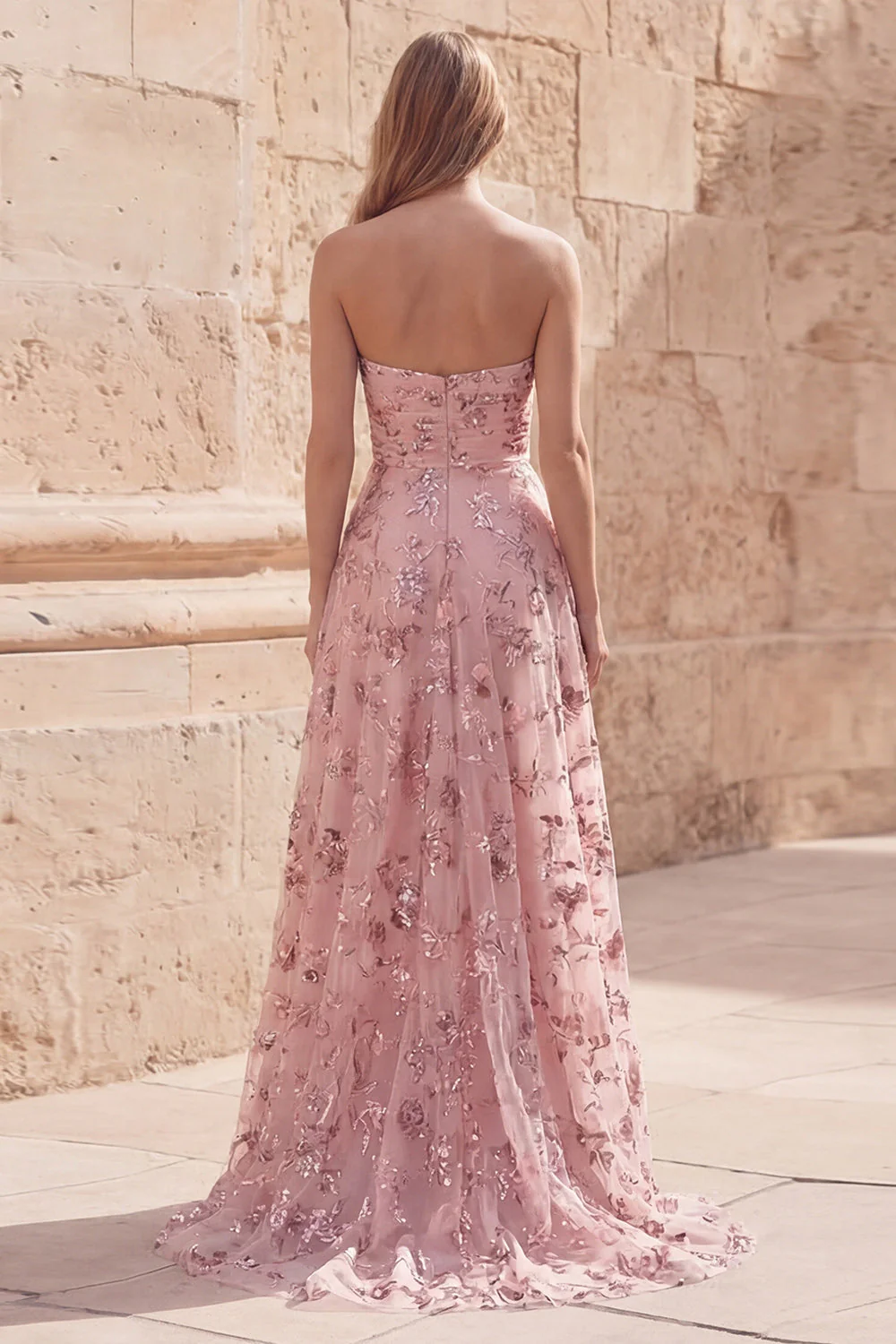 Blush Sequin A Line Strapless Long Prom Dress with Slit - Image 2