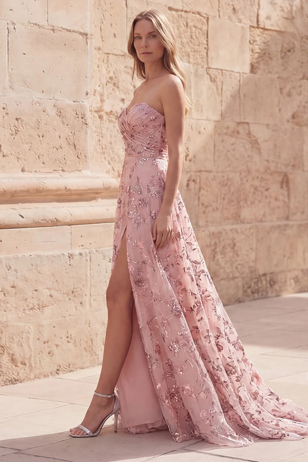 Blush Sequin A Line Strapless Long Prom Dress with Slit - Image 3