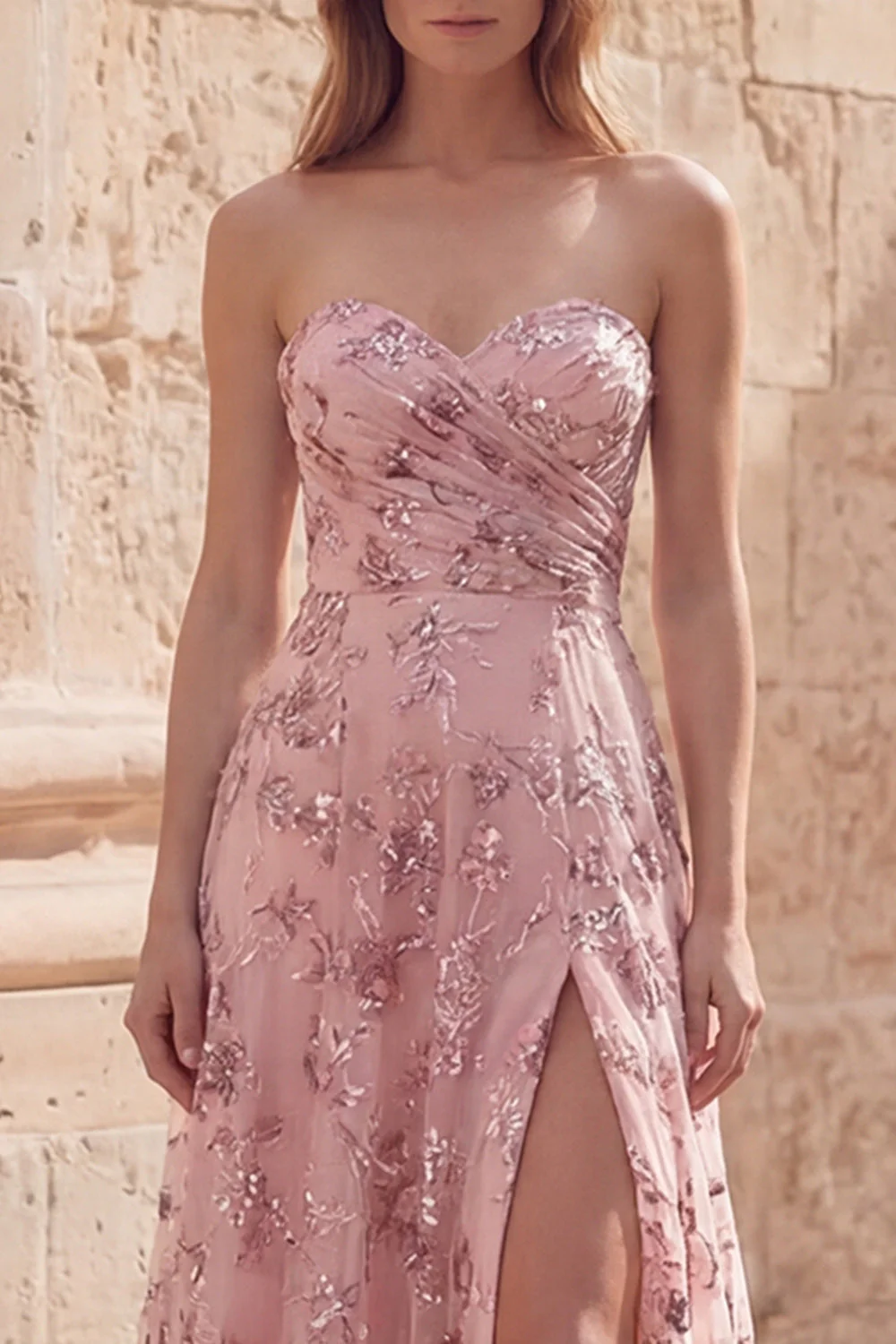Blush Sequin A Line Strapless Long Prom Dress with Slit - Image 4
