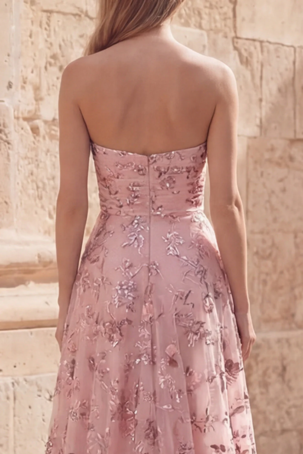 Blush Sequin A Line Strapless Long Prom Dress with Slit - Image 5