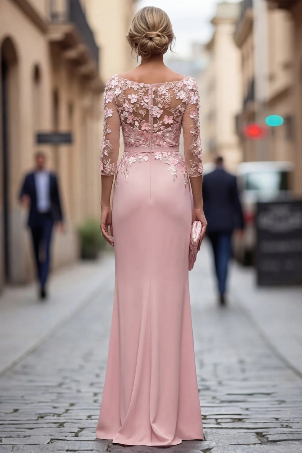 Blush Sheath Bateau Neck Ruched Long Mother Of the Bride Dress with Appliques - Image 2