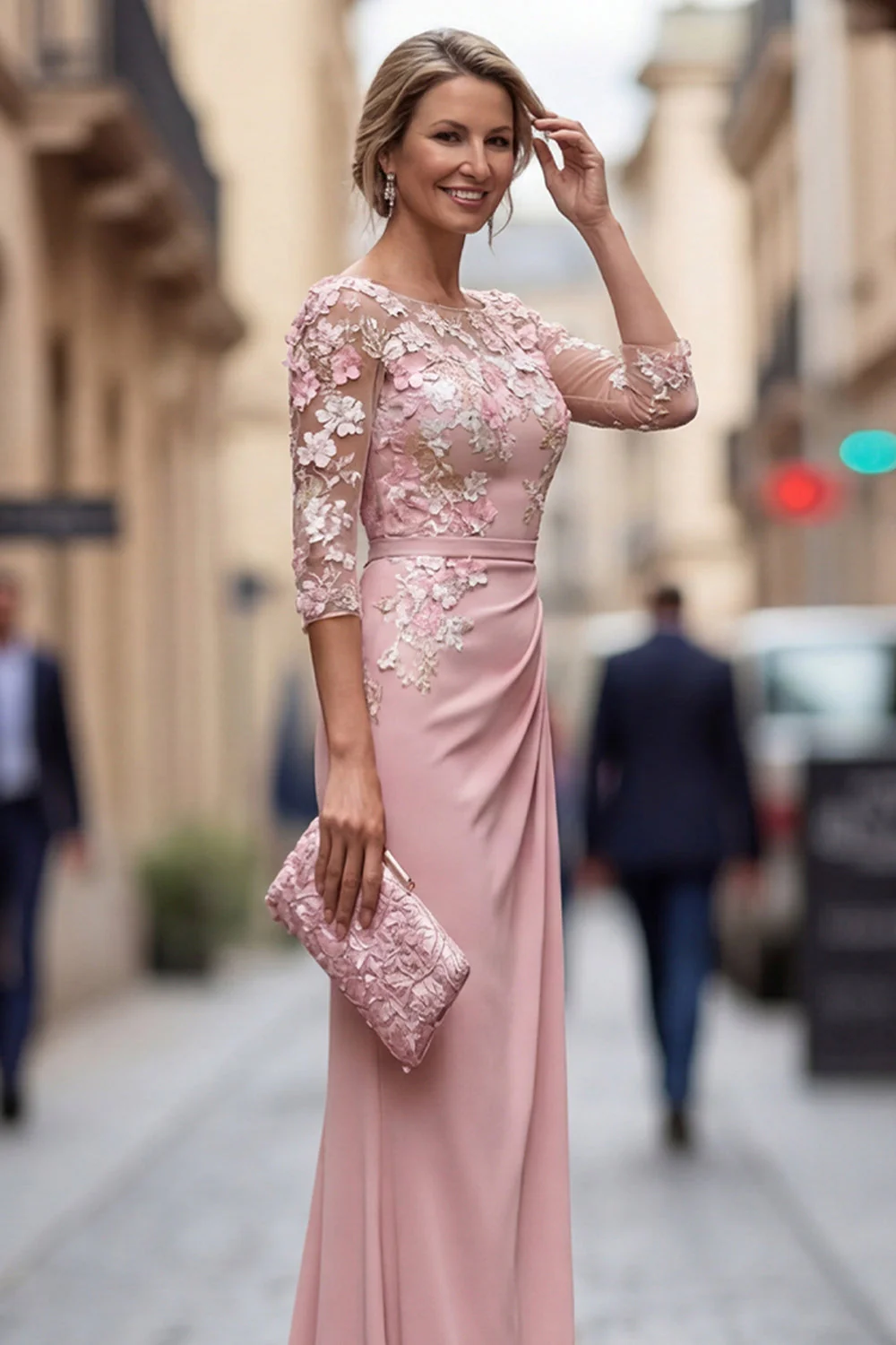 Blush Sheath Bateau Neck Ruched Long Mother Of the Bride Dress with Appliques - Image 3